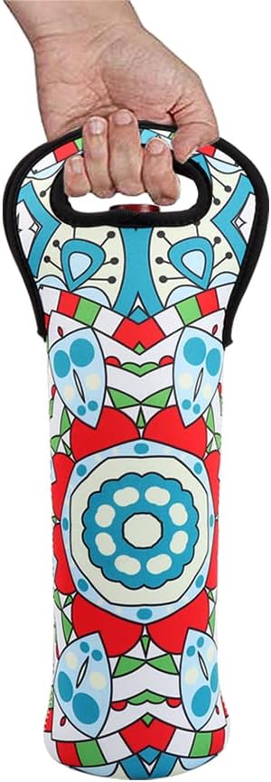 [3 Pack] Neoprene Wine Tote Bags – Colorful Geometric Print Reusable Bottle Carriers, Shockproof & Insulated, Fits Wine, Champagne & Liquor Bottles, Size 4.7" W x 15" H