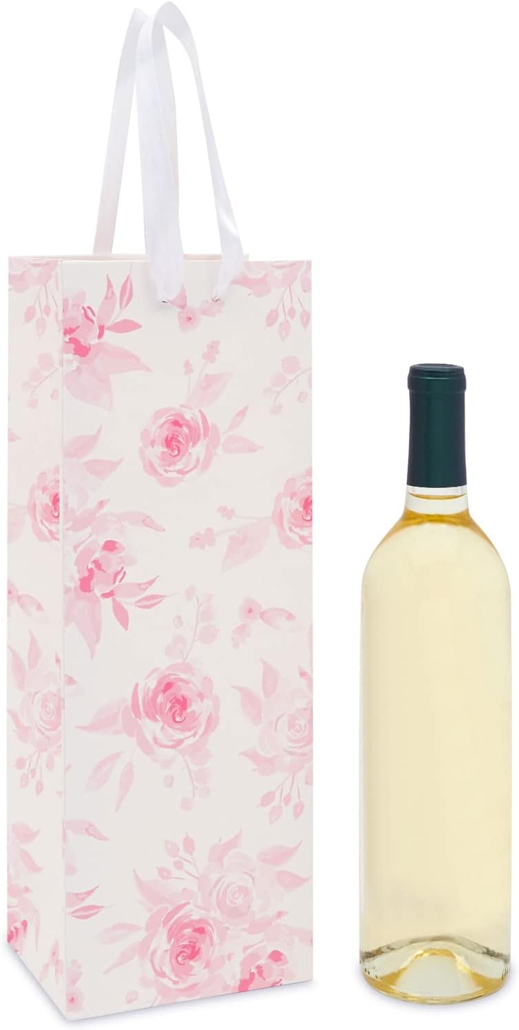 [12 Pack] Pink Wine Gift Bags – Assorted Designs with Marble, Rose Floral, and Gold Polka Dots, Ribbon Handles, Perfect for Wine, Champagne & Spirits, Size 13.8" H x 5" W x 4" D