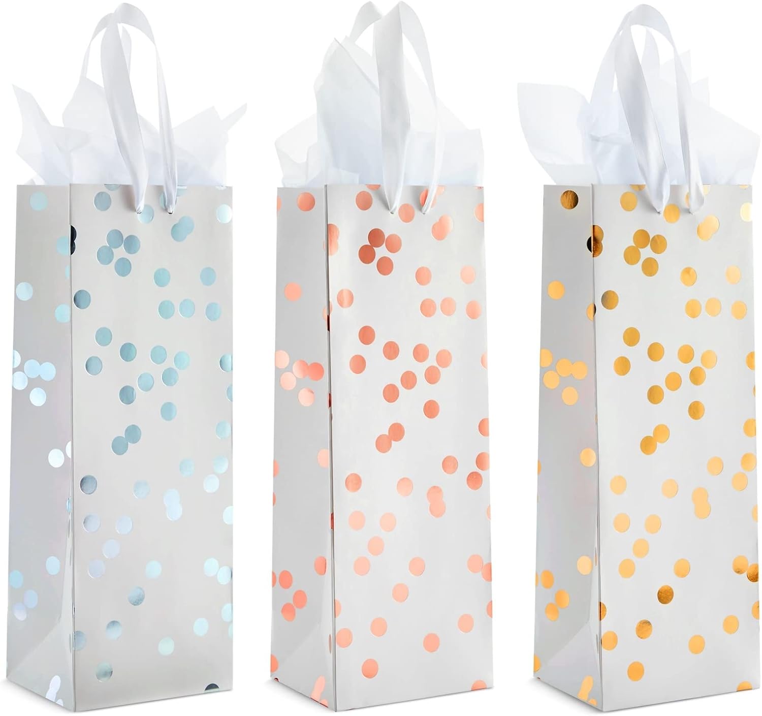 [12 Pack] Wine Gift Bags – Rose Gold & Silver Foil Polka Dot Design with Ribbon Handles, Includes 20 Sheets of Tissue Paper, Perfect for Wine, Champagne & Spirits, Size 13.8" H x 5" W x 4" D