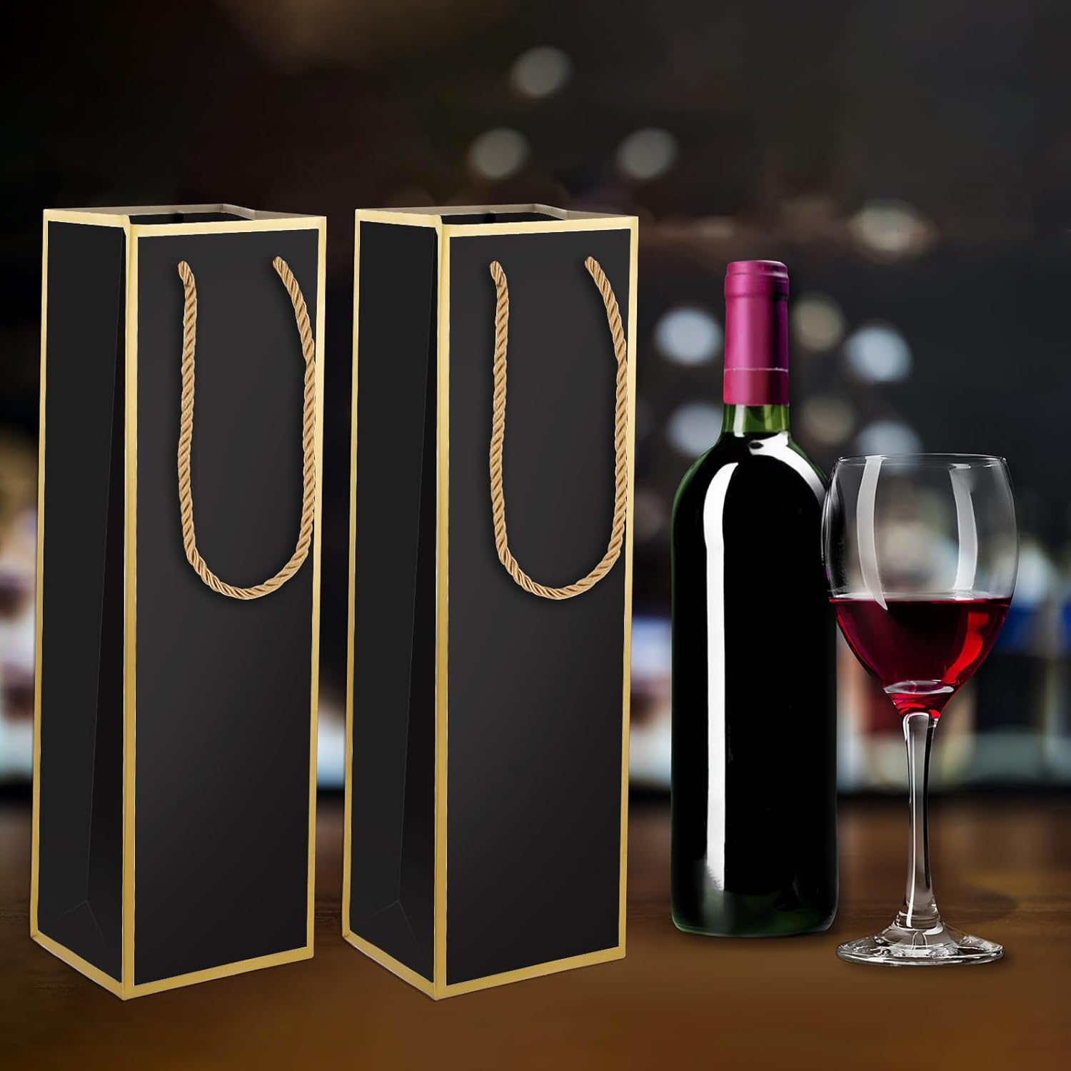 [2 Pack] Luxury Black & Gold Wine Gift Bags – Thickened Paper Bottle Bags with Gold Rope Handles, Elegant Packaging for Wine, Champagne & Spirits, Size 13.8" H x 3.94" W x 3.94" D