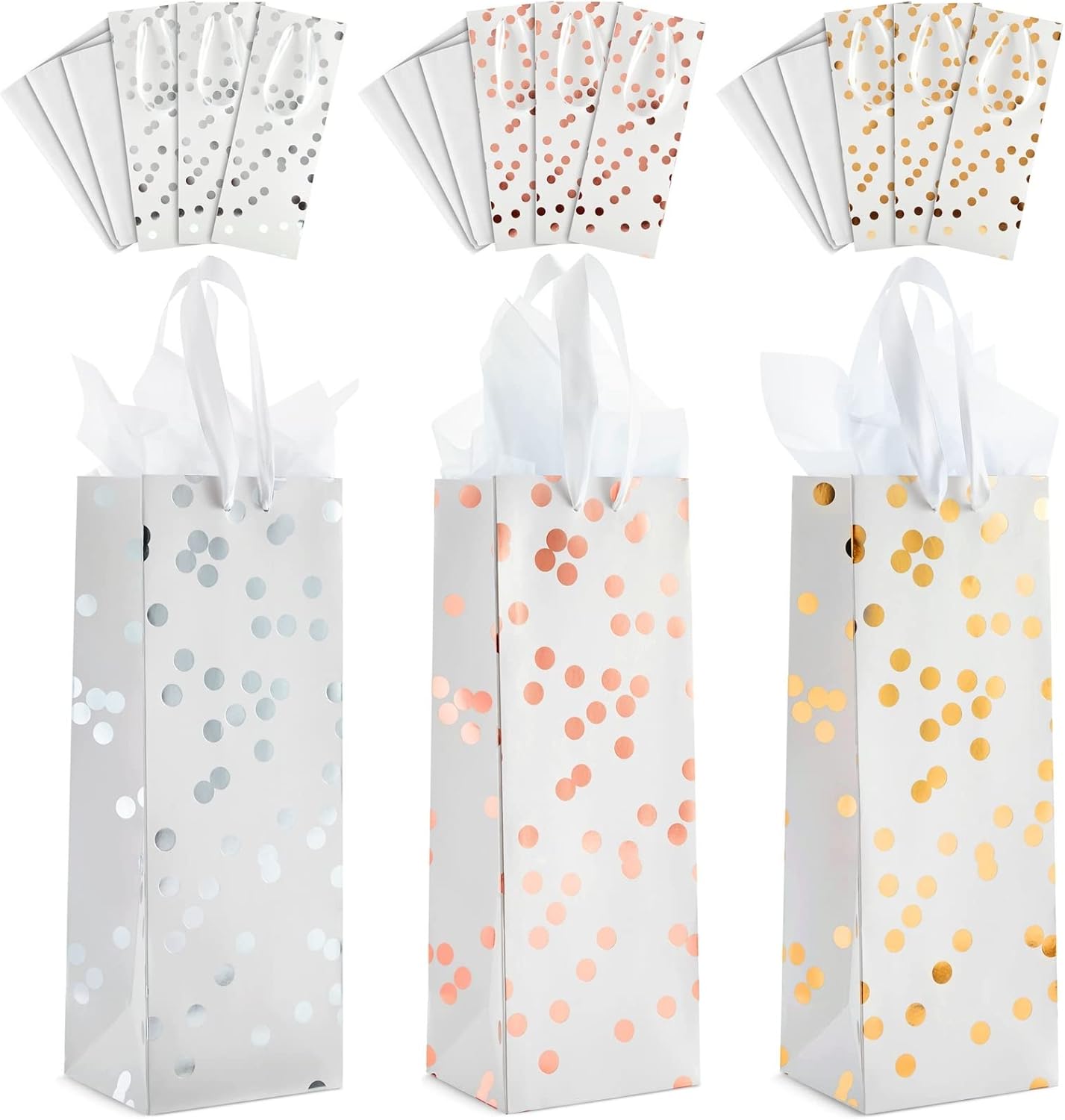 [12 Pack] Wine Gift Bags – Rose Gold & Silver Foil Polka Dot Design with Ribbon Handles, Includes 20 Sheets of Tissue Paper, Perfect for Wine, Champagne & Spirits, Size 13.8" H x 5" W x 4" D