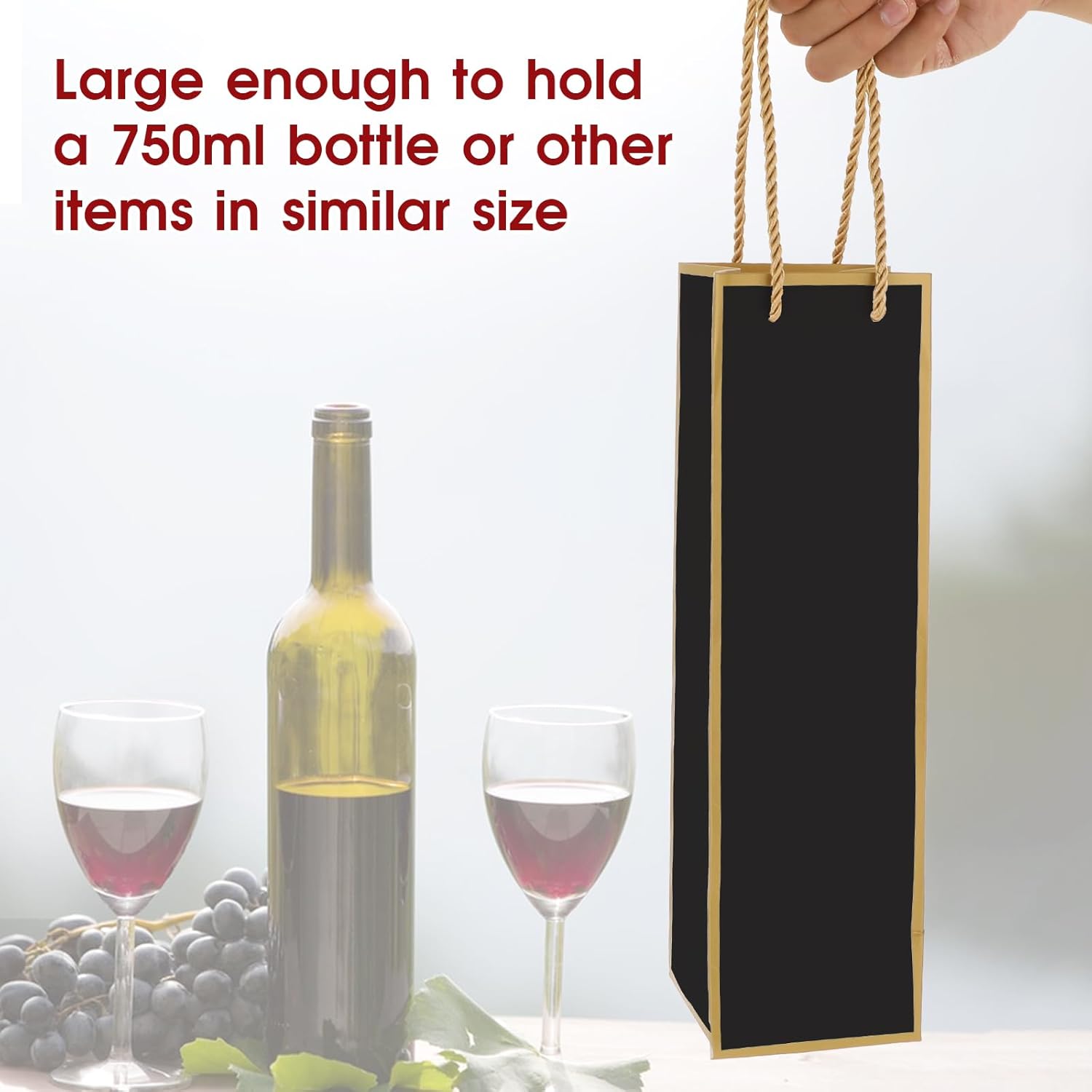 [2 Pack] Luxury Black & Gold Wine Gift Bags – Thickened Paper Bottle Bags with Gold Rope Handles, Elegant Packaging for Wine, Champagne & Spirits, Size 13.8" H x 3.94" W x 3.94" D
