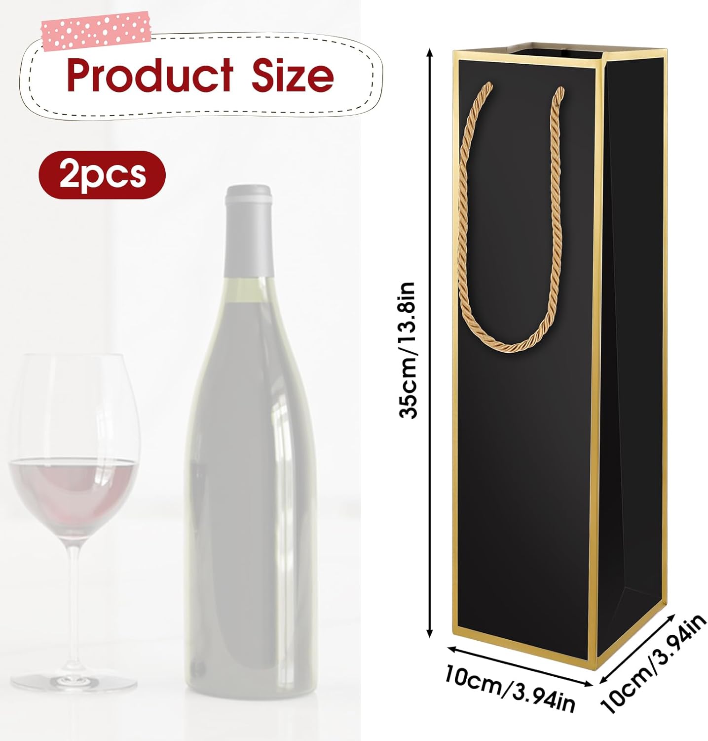 [2 Pack] Luxury Black & Gold Wine Gift Bags – Thickened Paper Bottle Bags with Gold Rope Handles, Elegant Packaging for Wine, Champagne & Spirits, Size 13.8" H x 3.94" W x 3.94" D