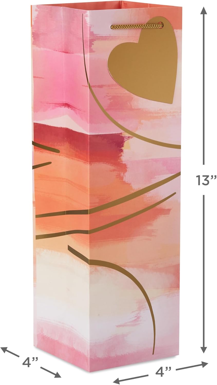[4 Pack] Heart Gradient Wine Gift Bags – Pink & Orange Paper Bottle Bags with Gold Foil Heart and Rope Handles, Fits Wine, Champagne & Liquor Bottles, 13" H x 4" W x 4" D
