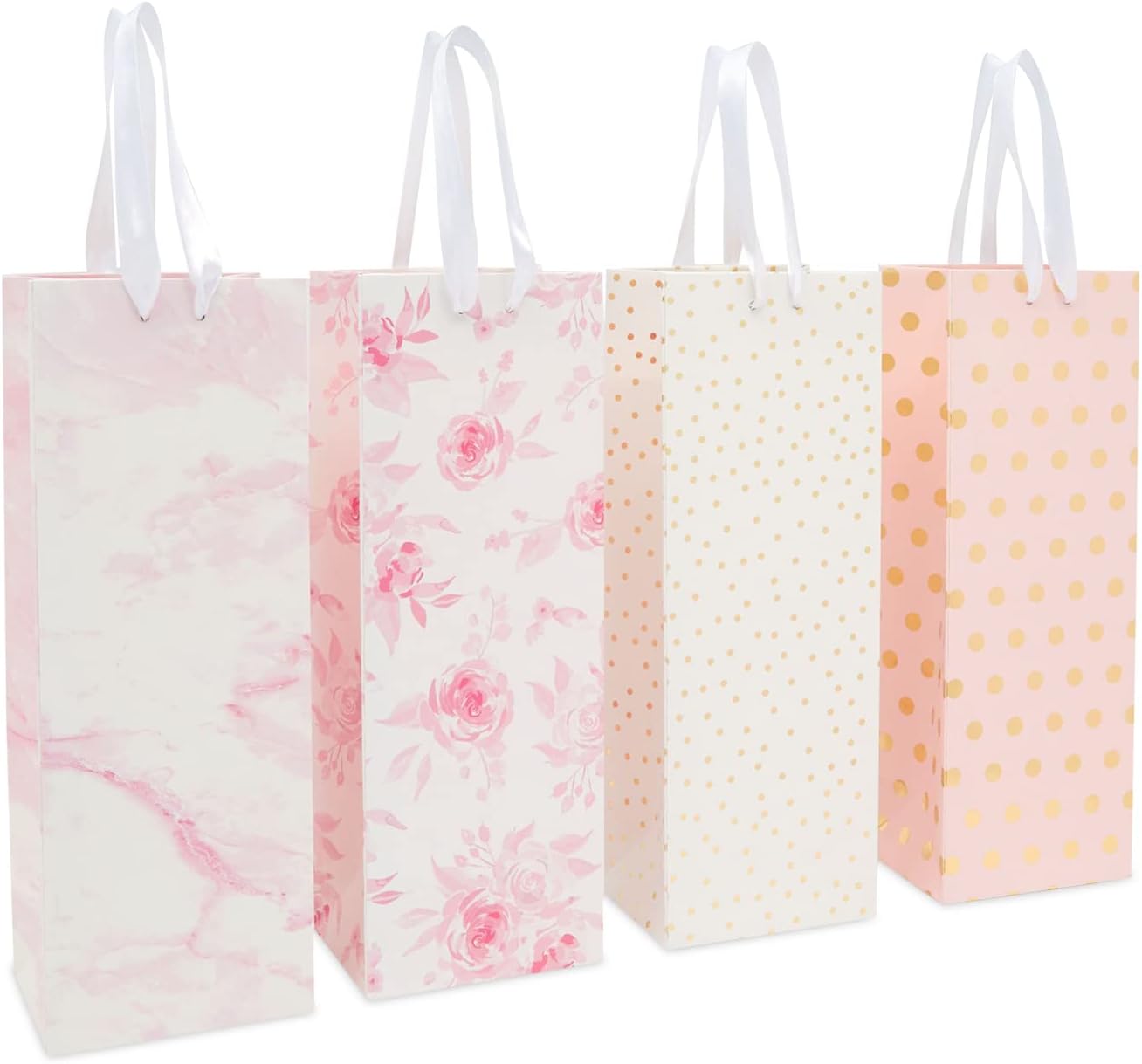 [12 Pack] Pink Wine Gift Bags – Assorted Designs with Marble, Rose Floral, and Gold Polka Dots, Ribbon Handles, Perfect for Wine, Champagne & Spirits, Size 13.8" H x 5" W x 4" D