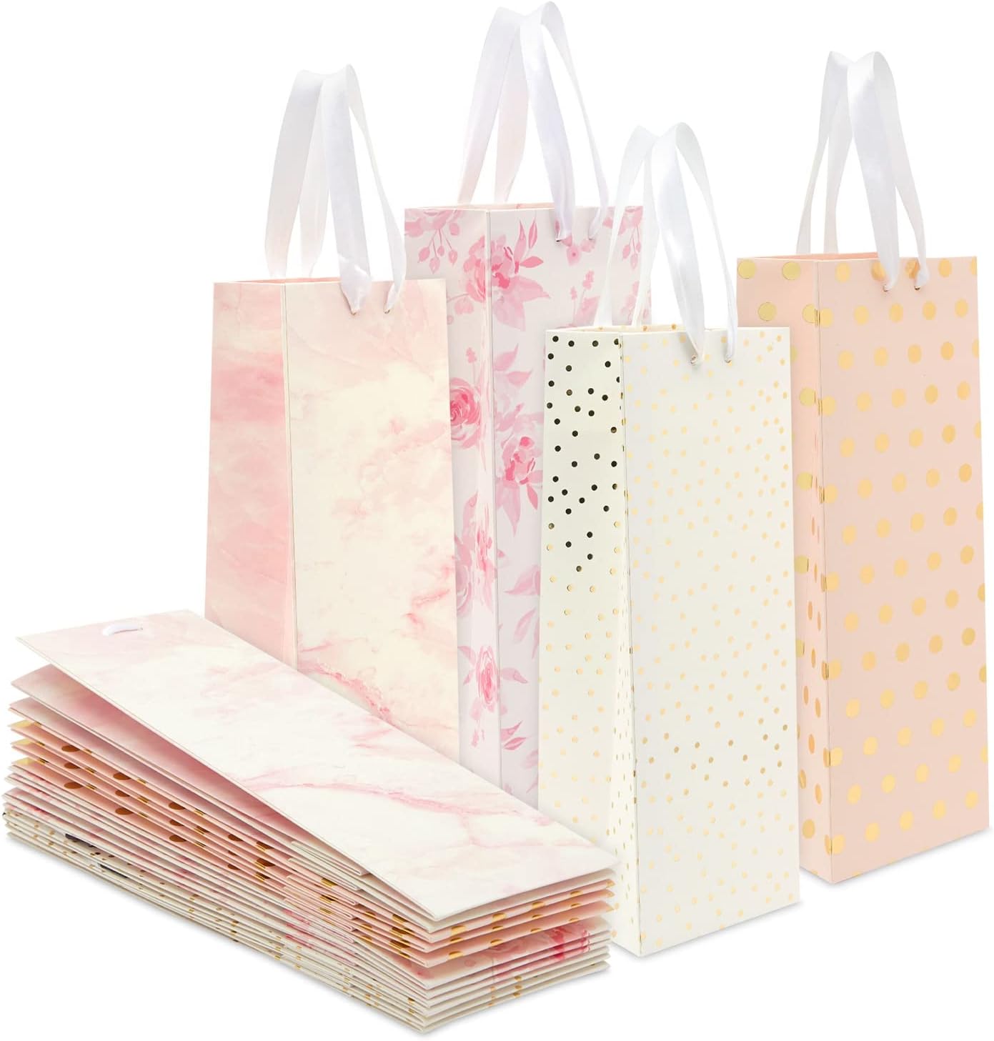 [12 Pack] Pink Wine Gift Bags – Assorted Designs with Marble, Rose Floral, and Gold Polka Dots, Ribbon Handles, Perfect for Wine, Champagne & Spirits, Size 13.8" H x 5" W x 4" D