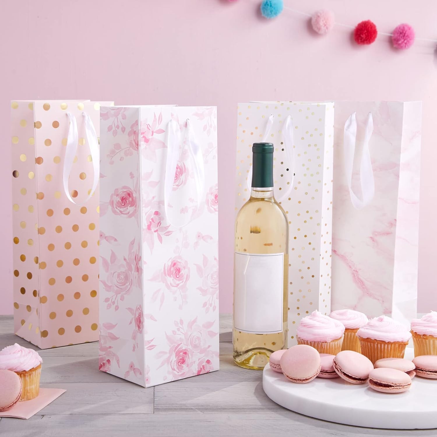[12 Pack] Pink Wine Gift Bags – Assorted Designs with Marble, Rose Floral, and Gold Polka Dots, Ribbon Handles, Perfect for Wine, Champagne & Spirits, Size 13.8" H x 5" W x 4" D
