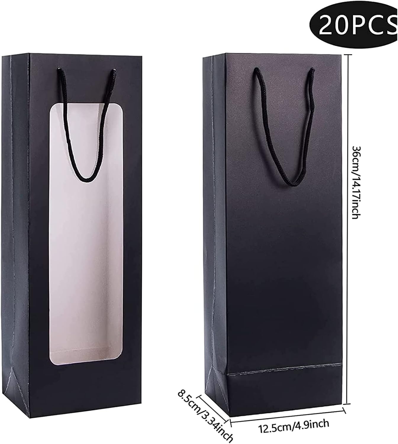 [20 Pack] Black Wine Gift Bags with Clear Window – Premium Paper Bottle Bags with Rope Handles, Perfect for Wine, Champagne & Liquor, Size 14.17" H x 4.9" W x 3.34" D