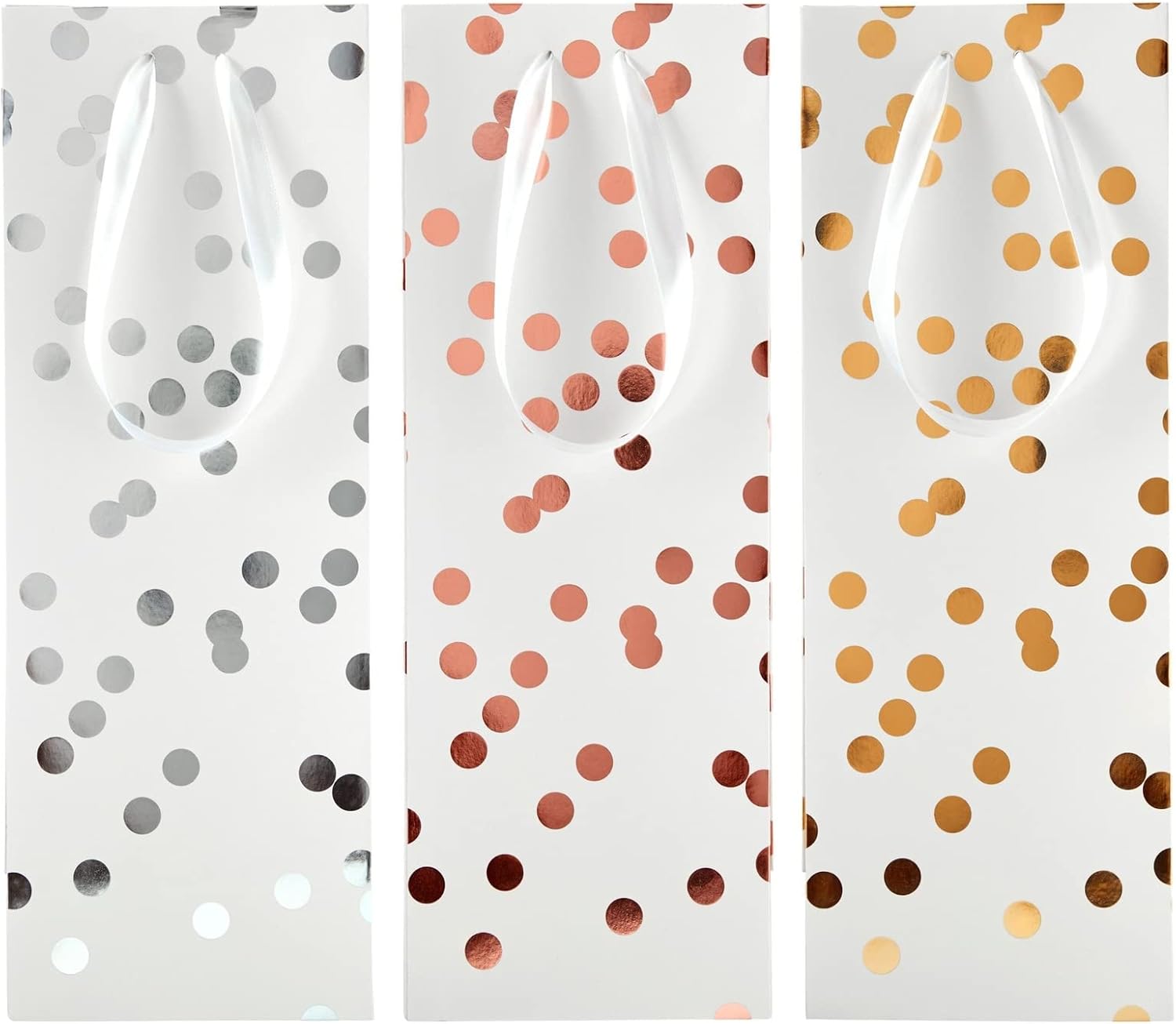 [12 Pack] Wine Gift Bags – Rose Gold & Silver Foil Polka Dot Design with Ribbon Handles, Includes 20 Sheets of Tissue Paper, Perfect for Wine, Champagne & Spirits, Size 13.8" H x 5" W x 4" D