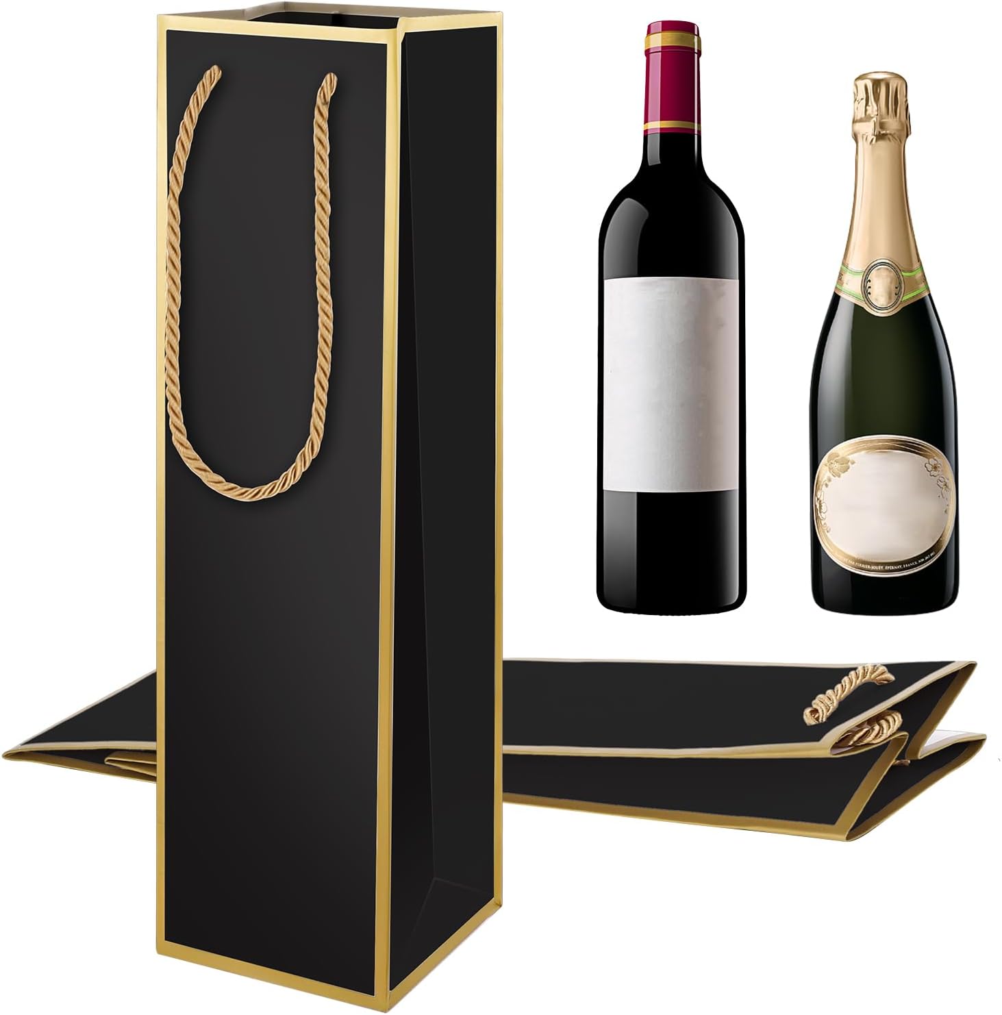 [2 Pack] Luxury Black & Gold Wine Gift Bags – Thickened Paper Bottle Bags with Gold Rope Handles, Elegant Packaging for Wine, Champagne & Spirits, Size 13.8" H x 3.94" W x 3.94" D