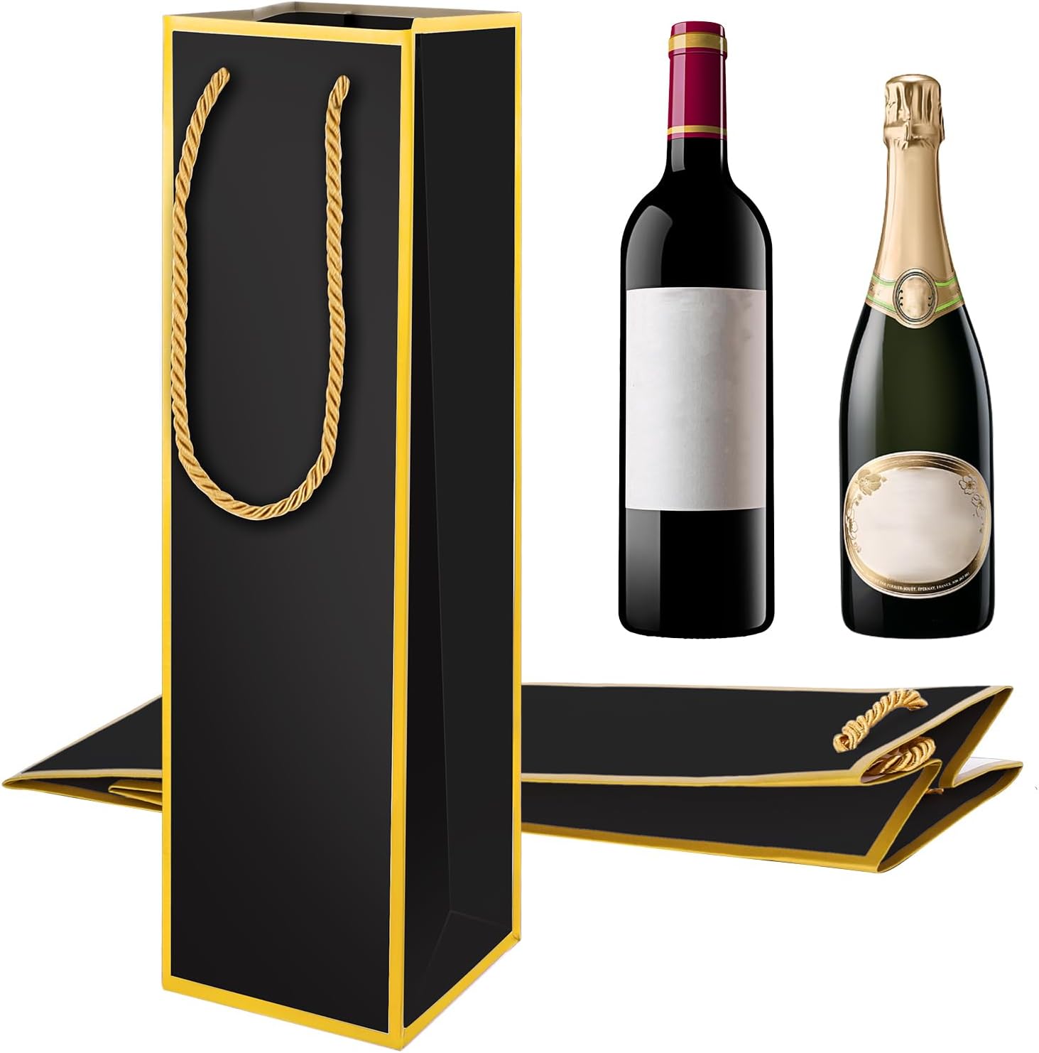 [2 Pack] Luxury Black & Gold Wine Gift Bags – Thickened Paper Bottle Bags with Gold Rope Handles, Elegant Packaging for Wine, Champagne & Spirits, Size 13.8" H x 3.94" W x 3.94" D