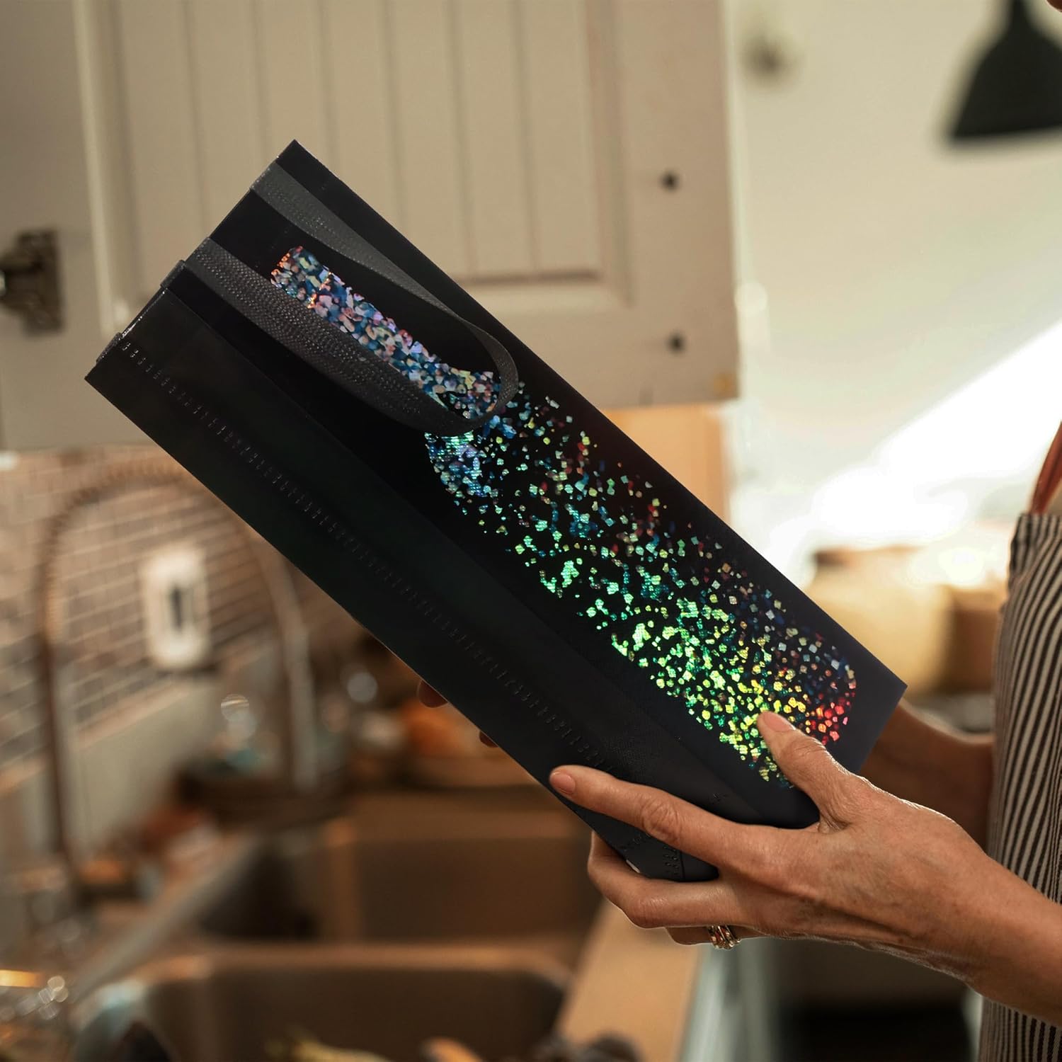 [24 Pack] Black Wine Gift Bags – Premium Kraft Paper Bottle Bags with Colorful Foil Sparkle Design, Sturdy Handles for Wine, Champagne & Liquor Bottles, Size 3.5" W x 3.9" D x 13.6" H