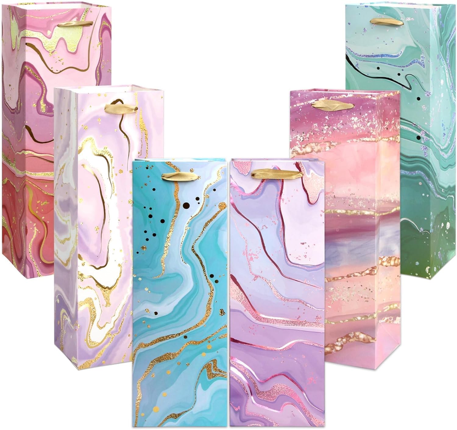 [12 Pack] Marble Wine Gift Bags – Luxury Gold Foil Handled Bags, Assorted Colorful Marble Patterns for Wine, Champagne, Spirits & Bottles (Random Assortment), Size 4" W x 14" H x 4.7" D