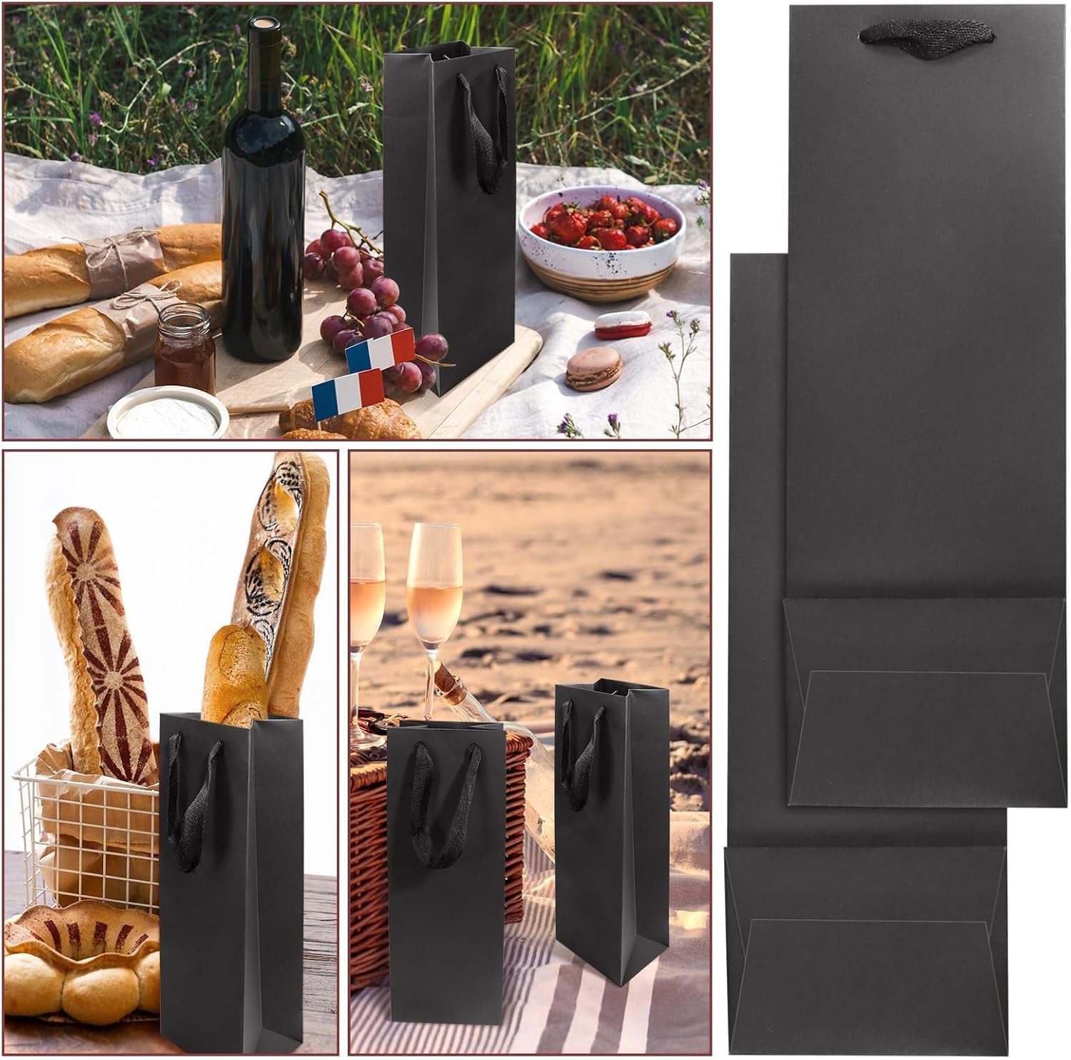 [20 Pack] Black Wine Gift Bags – Premium Thickened Kraft Paper Bottle Bags with Sturdy Handles, Perfect for Wine, Champagne & Liquor Bottles, Size 3.5" W x 4.3" D x 13.8" H