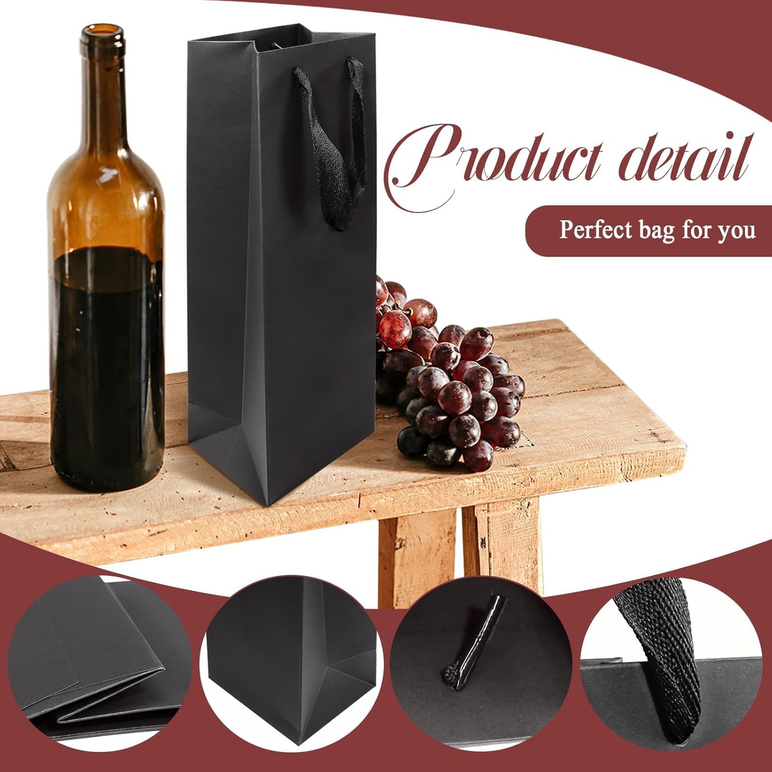 [20 Pack] Black Wine Gift Bags – Premium Thickened Kraft Paper Bottle Bags with Sturdy Handles, Perfect for Wine, Champagne & Liquor Bottles, Size 3.5" W x 4.3" D x 13.8" H