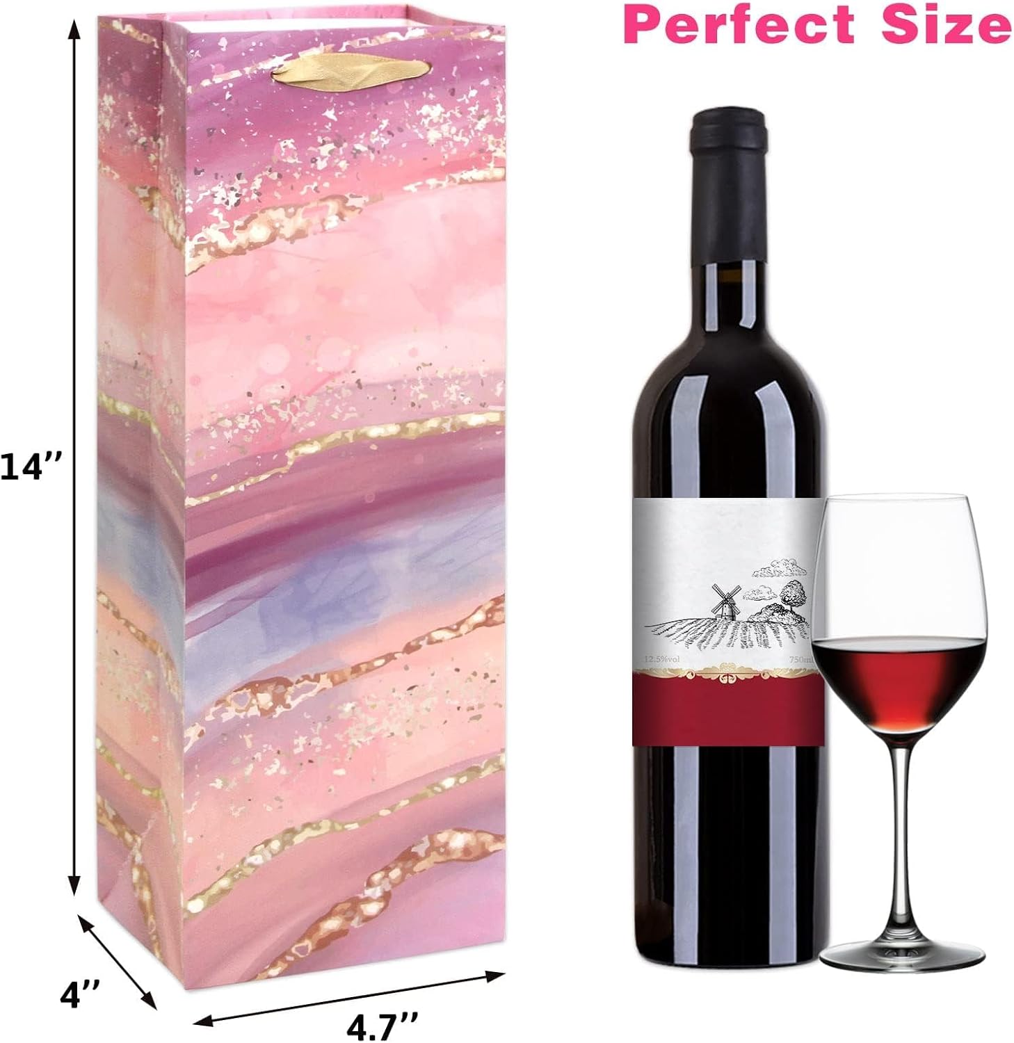 [12 Pack] Marble Wine Gift Bags – Luxury Gold Foil Handled Bags, Assorted Colorful Marble Patterns for Wine, Champagne, Spirits & Bottles (Random Assortment), Size 4" W x 14" H x 4.7" D
