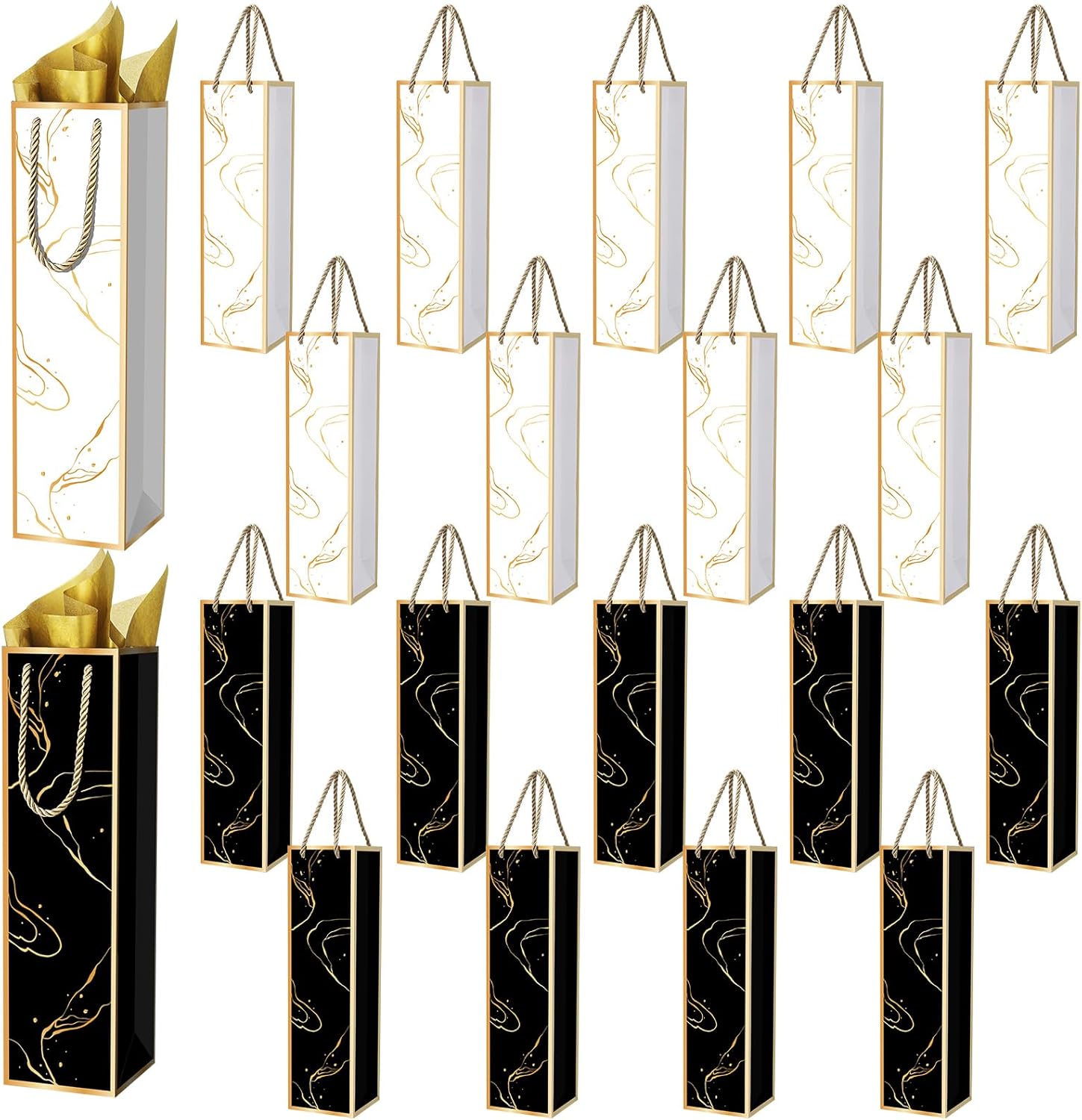 [20 Pack] Black & White Marble Wine Gift Bags with Gold Foil – Includes 20 Gold Tissue Papers, Premium Paper Bottle Bags with Rope Handles, Perfect for Wine, Champagne & Spirits, 13.8" H x 3.5" W x 3.5" D
