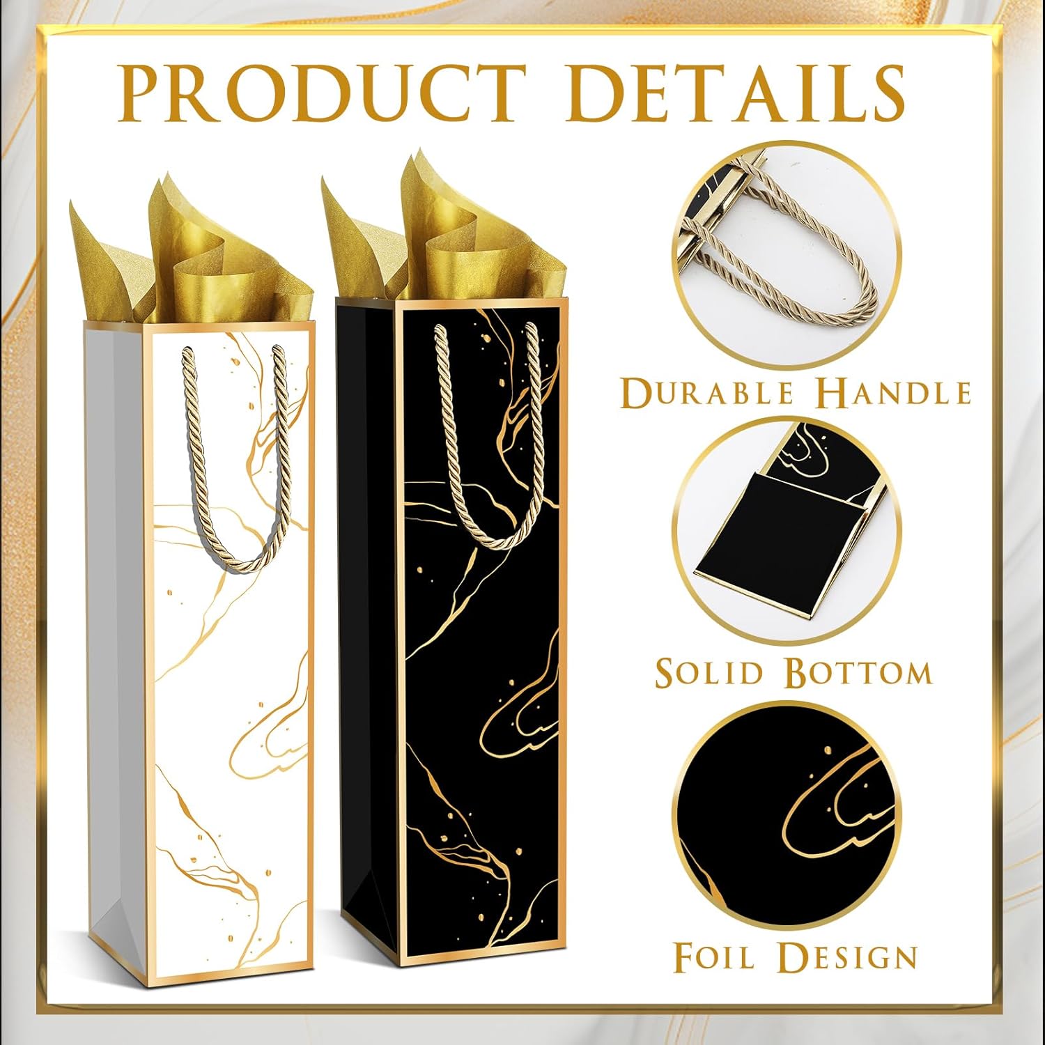 [20 Pack] Black & White Marble Wine Gift Bags with Gold Foil – Includes 20 Gold Tissue Papers, Premium Paper Bottle Bags with Rope Handles, Perfect for Wine, Champagne & Spirits, 13.8" H x 3.5" W x 3.5" D