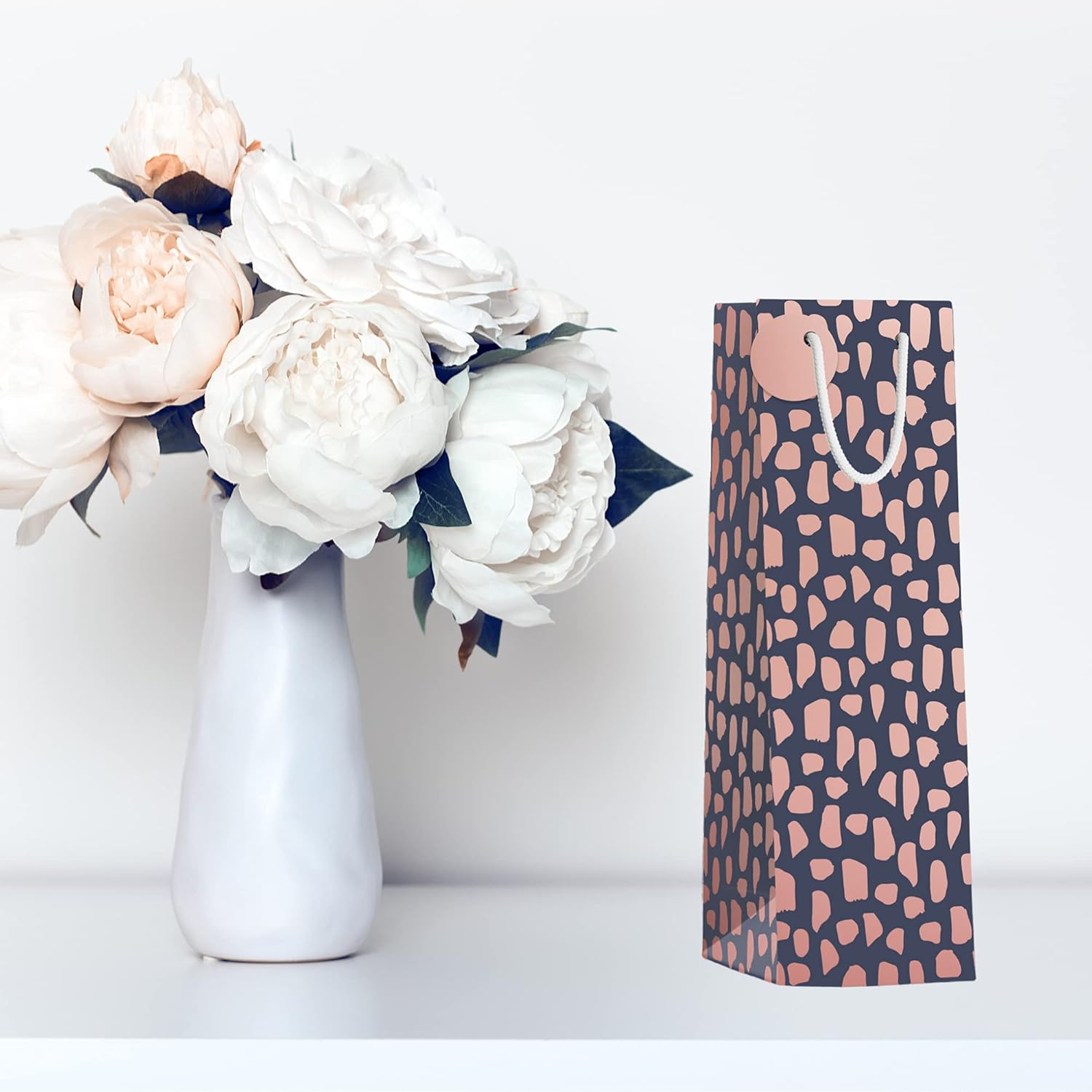 [Set of 6] Geometric Pattern Wine Gift Bags – Sturdy Paper Bottle Bags with Rope Handles & Gift Tags, Perfect for Wine, Champagne & Liquor, Size 3.8" W x 4" D x 13" H