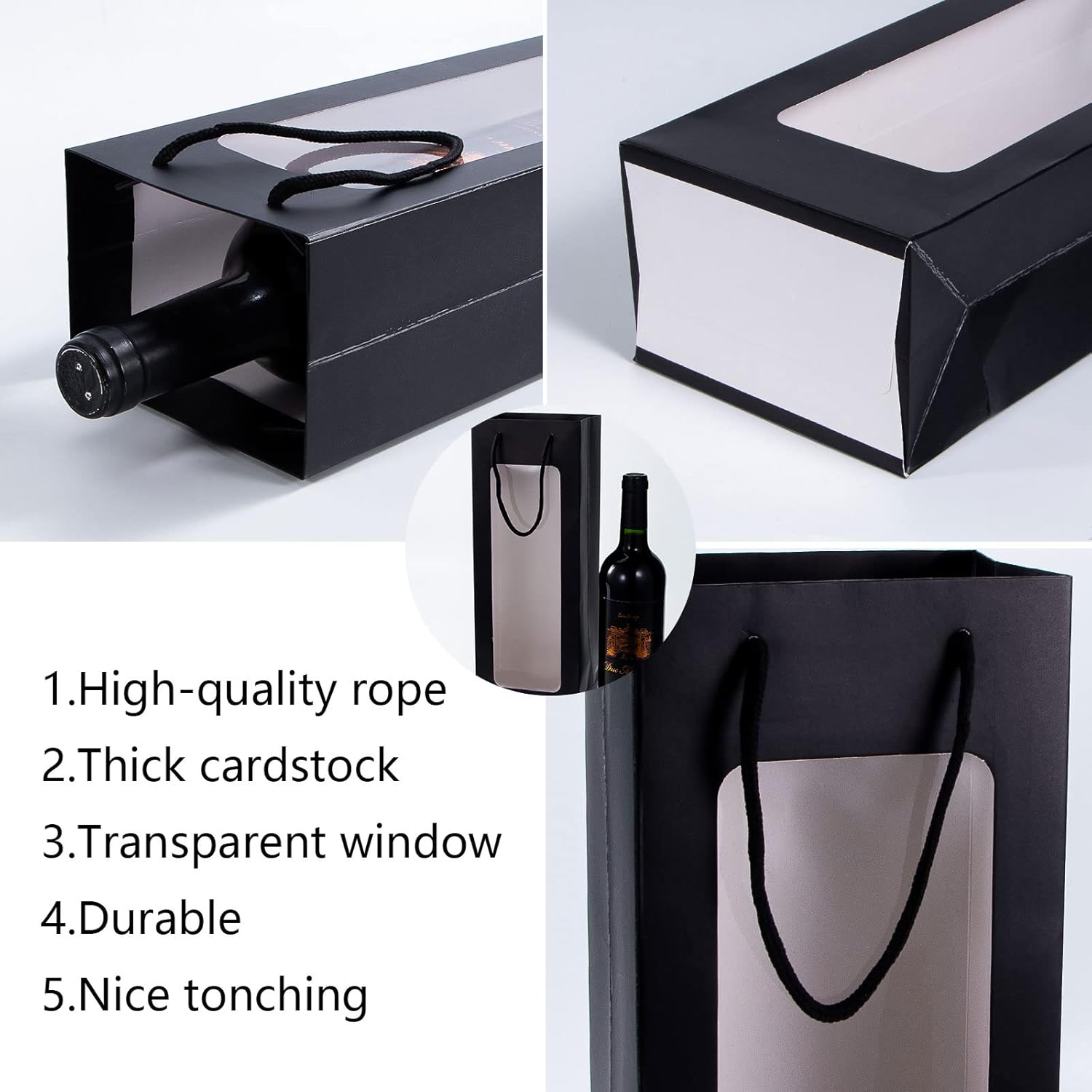 [20 Pack] Black Wine Gift Bags with Clear Window – Premium Paper Bottle Bags with Rope Handles, Perfect for Wine, Champagne & Liquor, Size 14.17" H x 4.9" W x 3.34" D