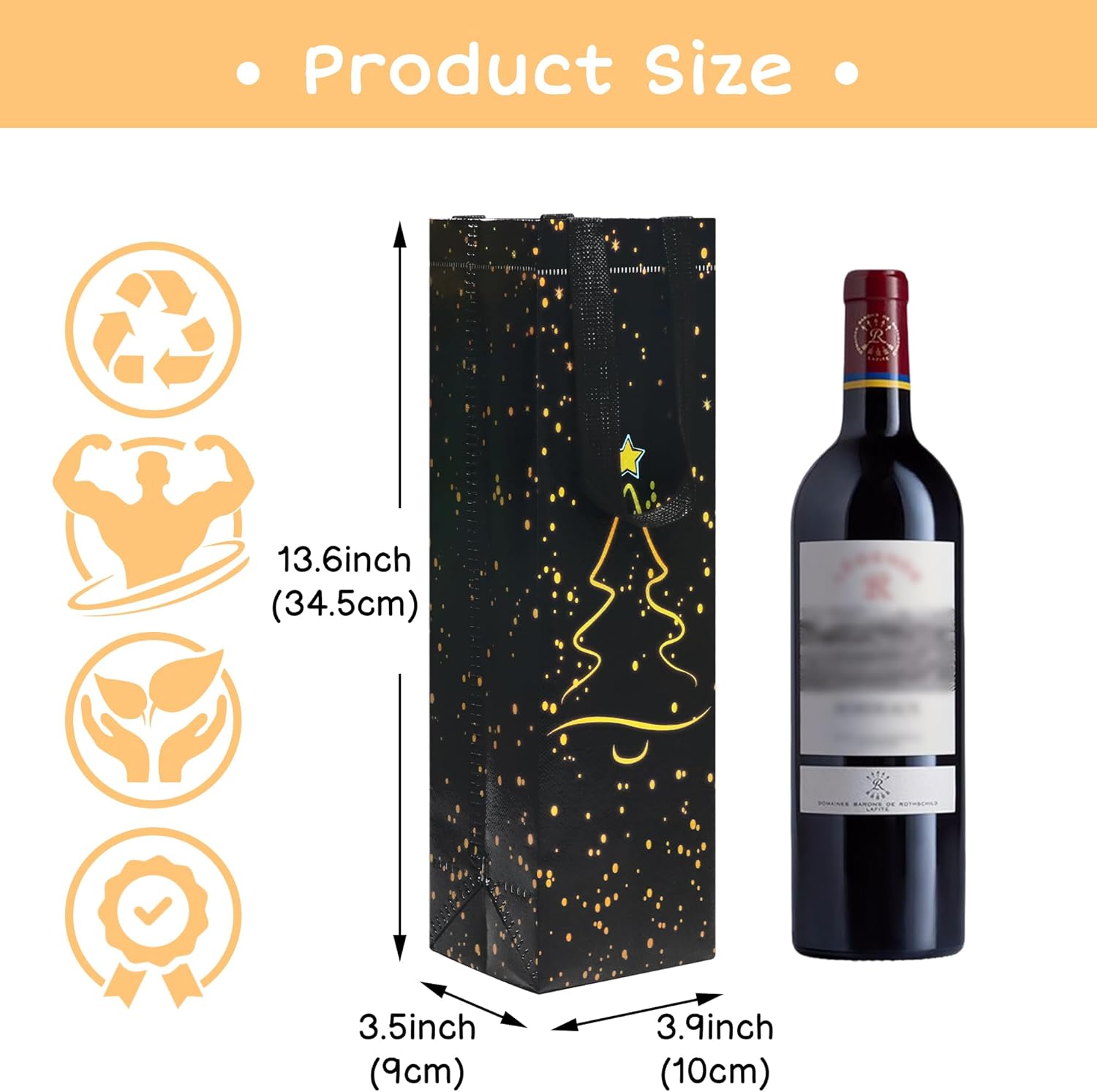 [24 Pack] Christmas Tree Wine Gift Bags – Black & Gold Holiday Bottle Bags with Handles, Eco-Friendly & Durable, Fits Wine, Champagne & Liquor Bottles, 13.6" x 3.9" x 3.5