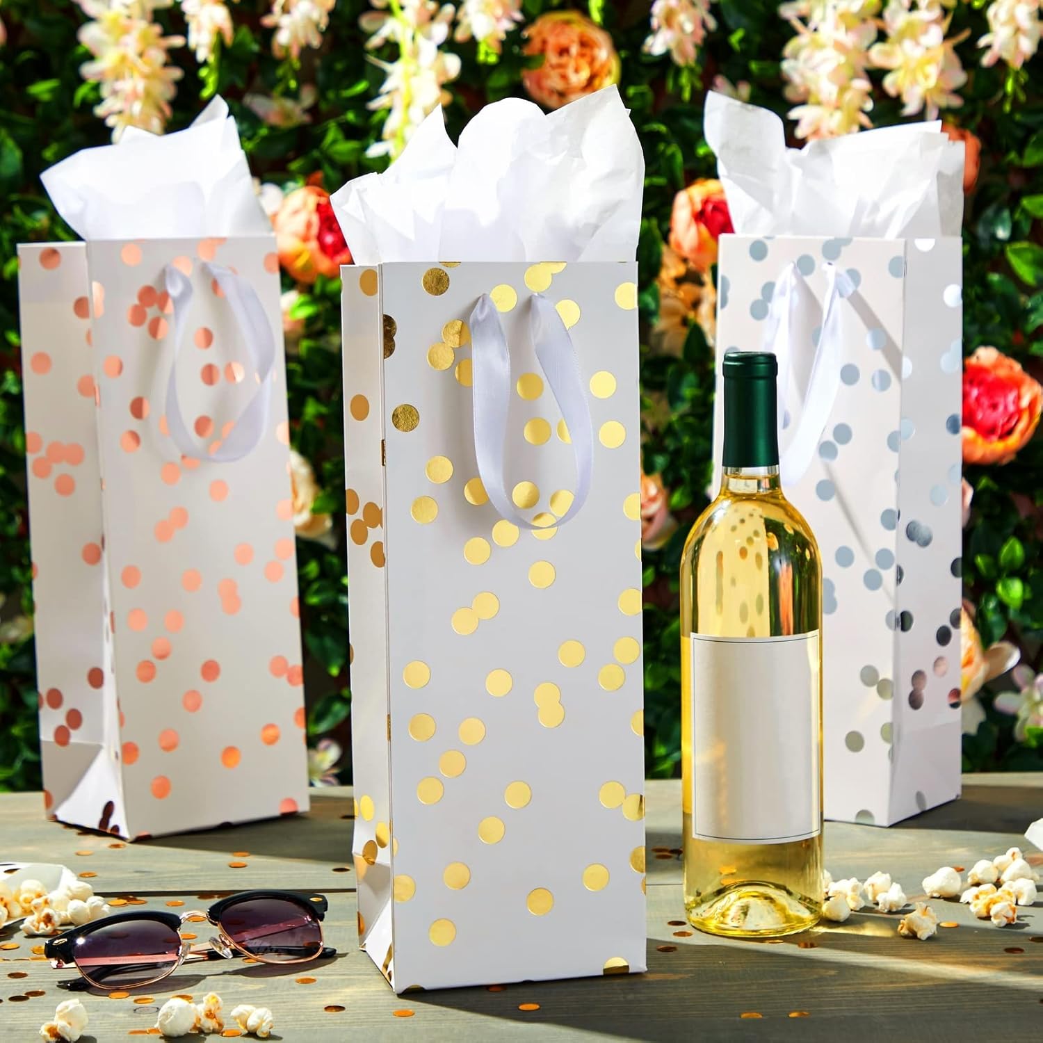 [12 Pack] Wine Gift Bags – Rose Gold & Silver Foil Polka Dot Design with Ribbon Handles, Includes 20 Sheets of Tissue Paper, Perfect for Wine, Champagne & Spirits, Size 13.8" H x 5" W x 4" D