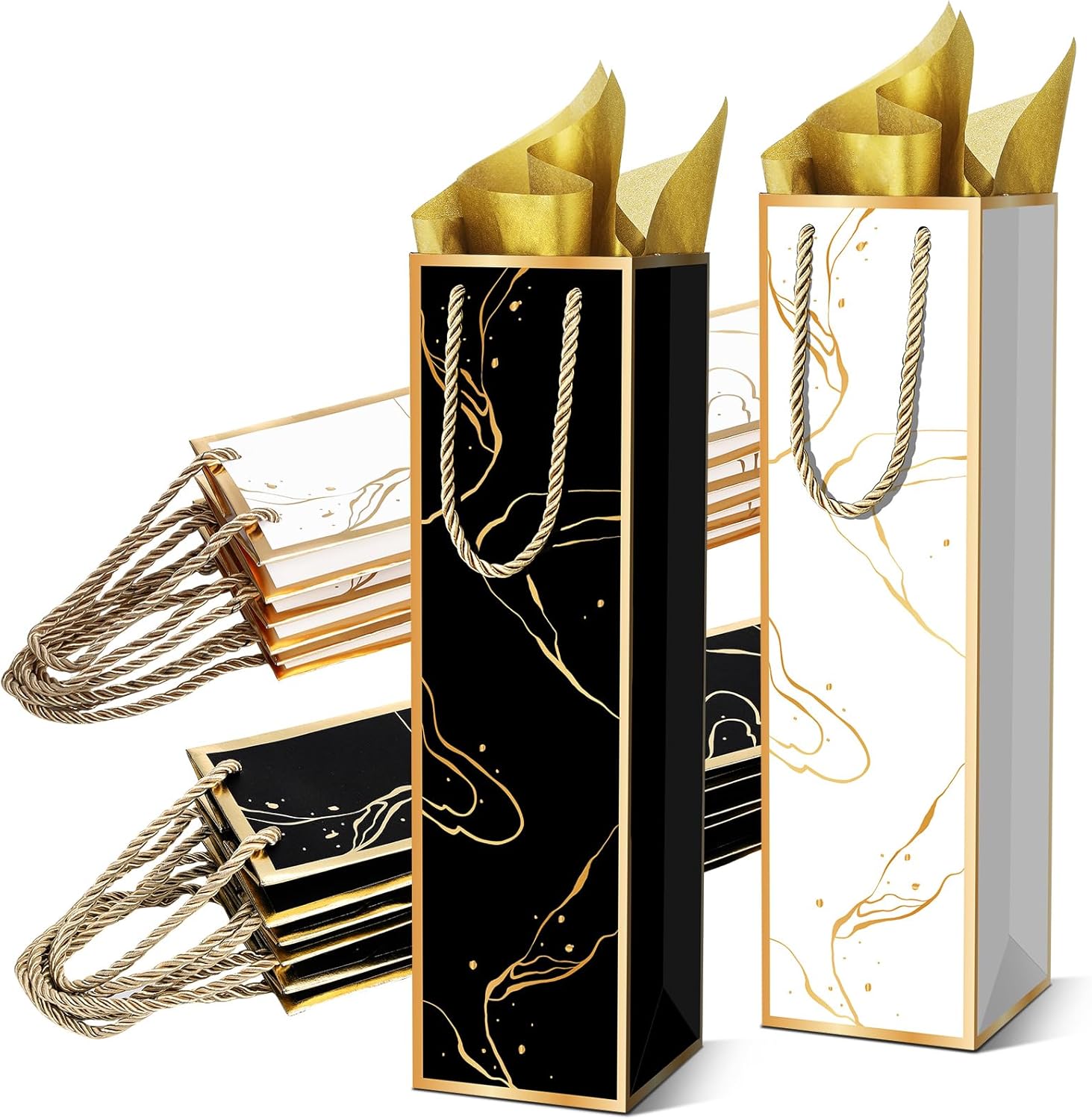 [20 Pack] Black & White Marble Wine Gift Bags with Gold Foil – Includes 20 Gold Tissue Papers, Premium Paper Bottle Bags with Rope Handles, Perfect for Wine, Champagne & Spirits, 13.8" H x 3.5" W x 3.5" D