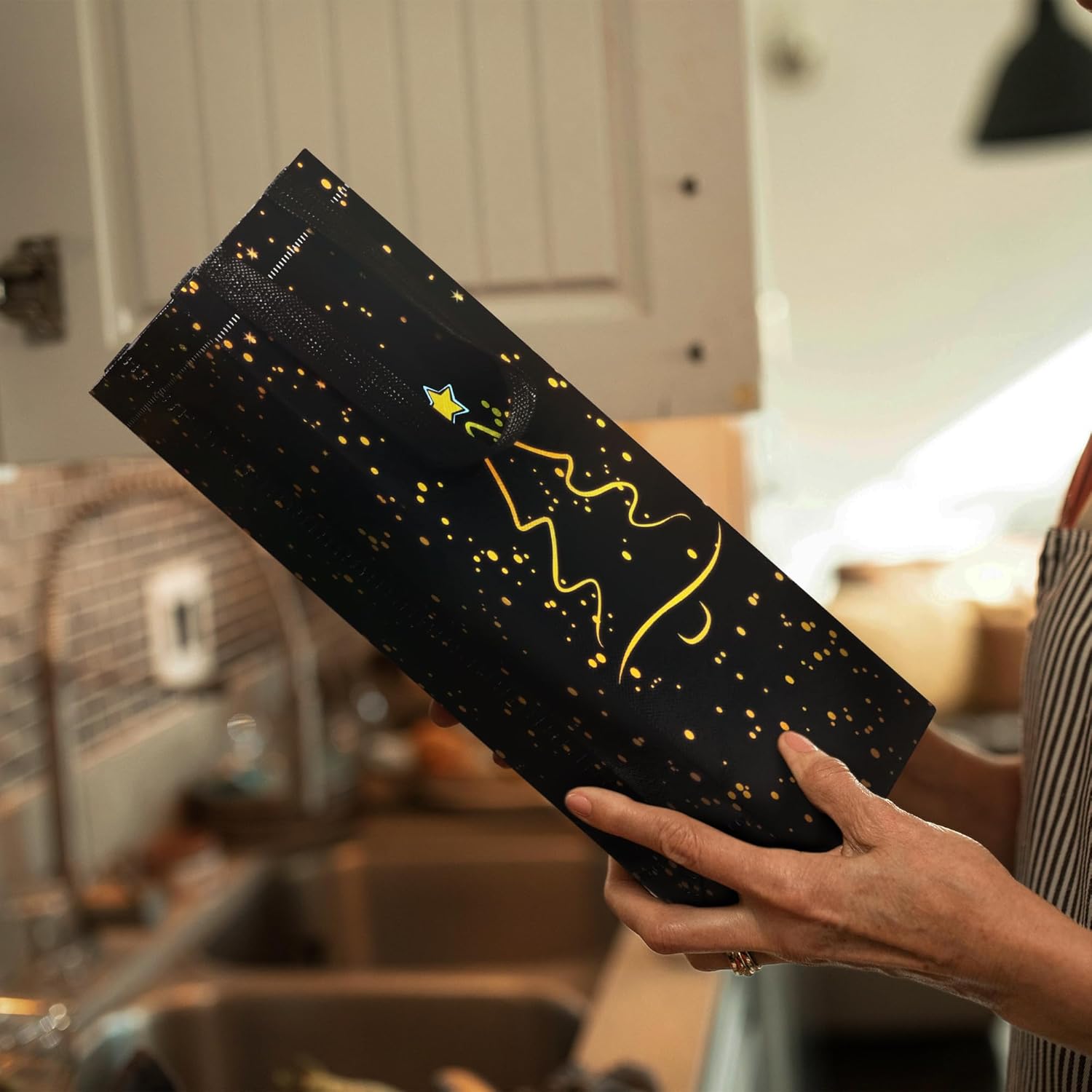 [24 Pack] Christmas Tree Wine Gift Bags – Black & Gold Holiday Bottle Bags with Handles, Eco-Friendly & Durable, Fits Wine, Champagne & Liquor Bottles, 13.6" x 3.9" x 3.5