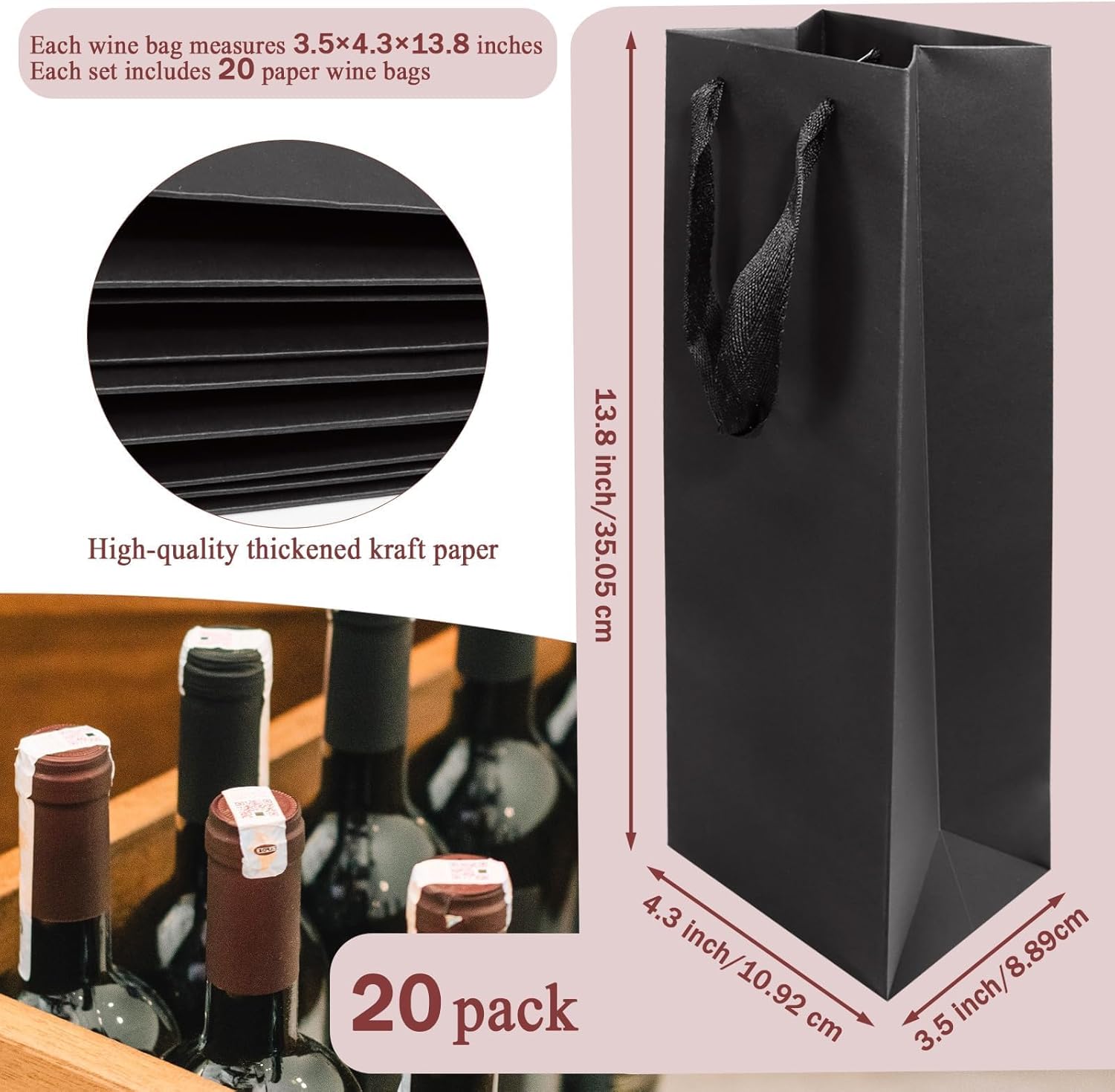 [20 Pack] Black Wine Gift Bags – Premium Thickened Kraft Paper Bottle Bags with Sturdy Handles, Perfect for Wine, Champagne & Liquor Bottles, Size 3.5" W x 4.3" D x 13.8" H