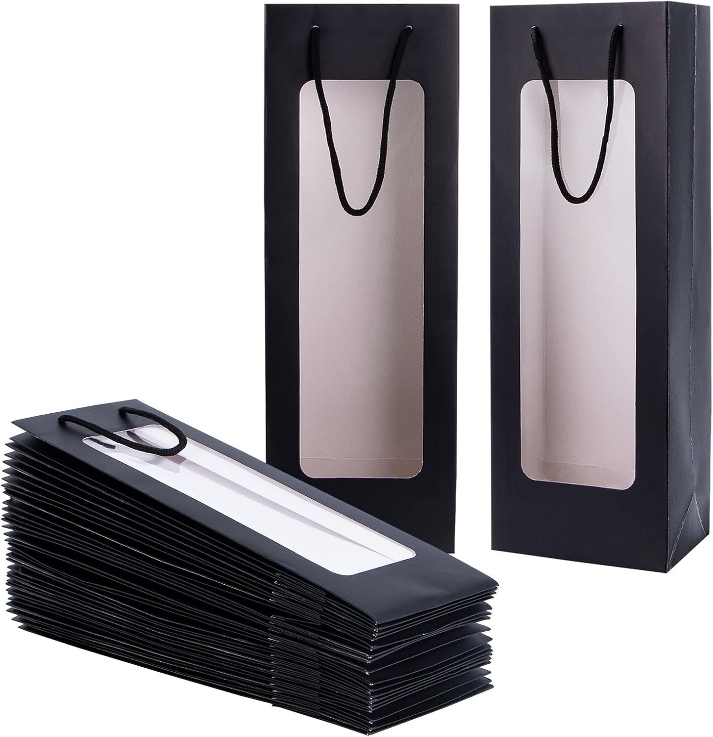 [20 Pack] Black Wine Gift Bags with Clear Window – Premium Paper Bottle Bags with Rope Handles, Perfect for Wine, Champagne & Liquor, Size 14.17" H x 4.9" W x 3.34" D