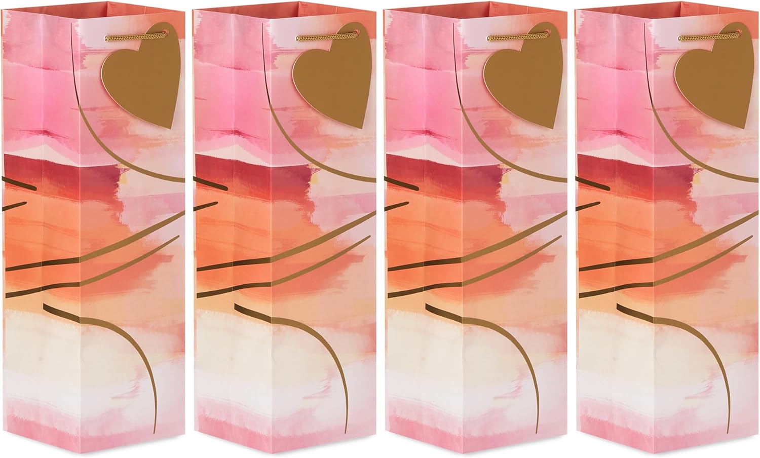 [4 Pack] Heart Gradient Wine Gift Bags – Pink & Orange Paper Bottle Bags with Gold Foil Heart and Rope Handles, Fits Wine, Champagne & Liquor Bottles, 13" H x 4" W x 4" D