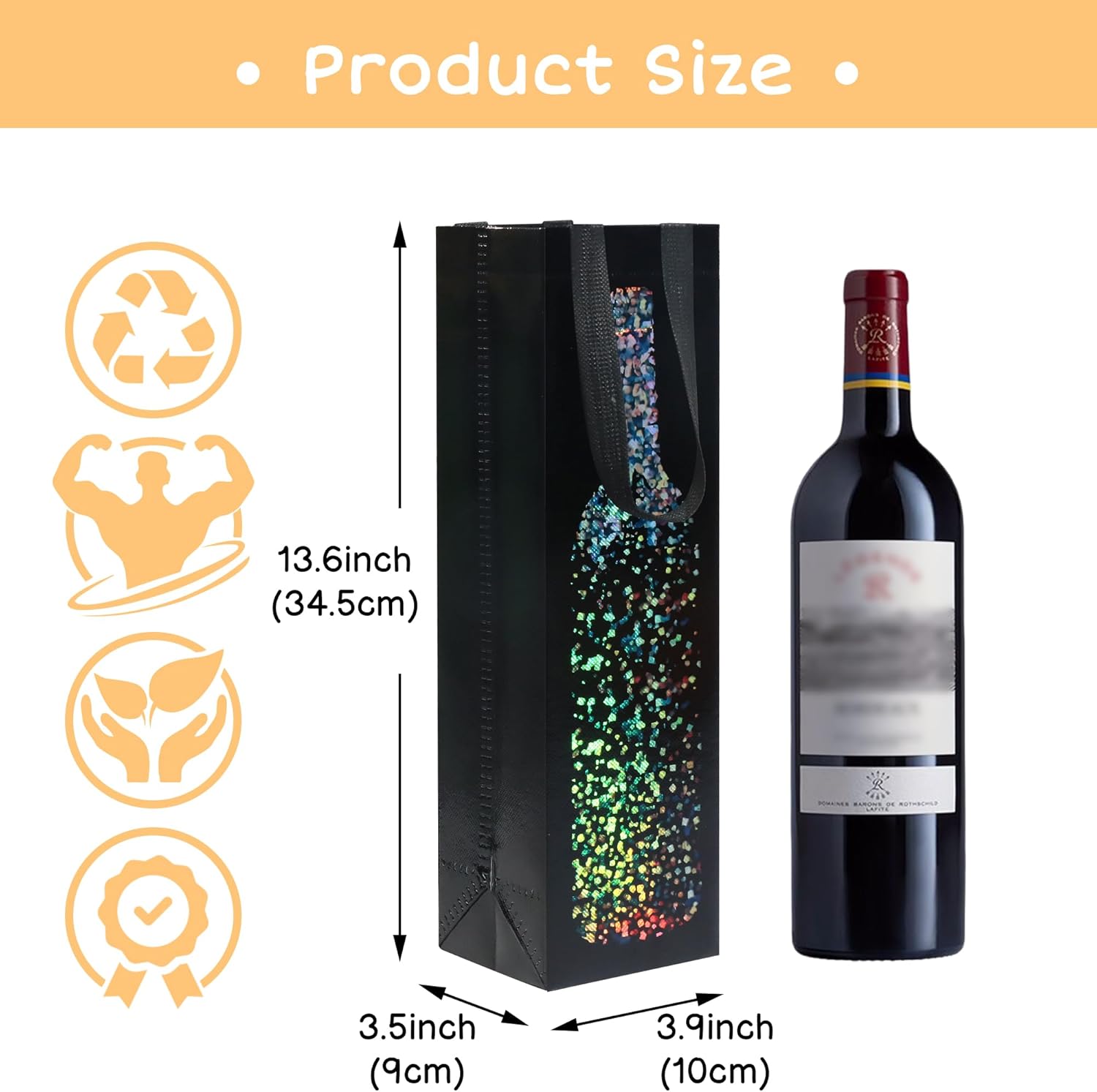 [24 Pack] Black Wine Gift Bags – Premium Kraft Paper Bottle Bags with Colorful Foil Sparkle Design, Sturdy Handles for Wine, Champagne & Liquor Bottles, Size 3.5" W x 3.9" D x 13.6" H