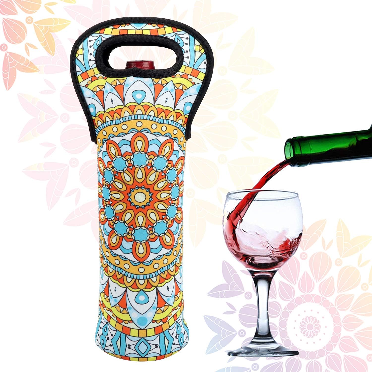 [3 Pack] Neoprene Wine Tote Bags – Colorful Geometric Print Reusable Bottle Carriers, Shockproof & Insulated, Fits Wine, Champagne & Liquor Bottles, Size 4.7" W x 15" H
