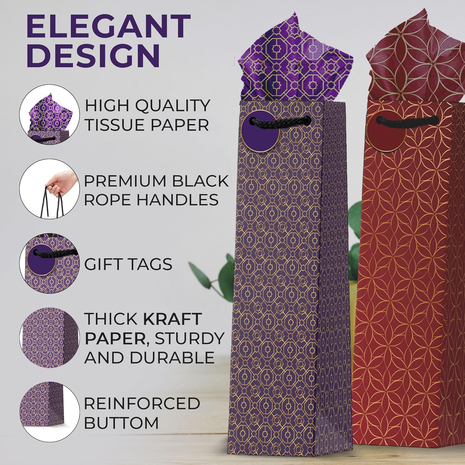 [12 Pack] Japanese Geometric Pattern Wine Gift Bags – Vintage Gold Foil Design, Premium Paper Bottle Bags, Perfect for Wine, Champagne & Spirits, Size 14.1" H x 4.7" W x 3.5" D