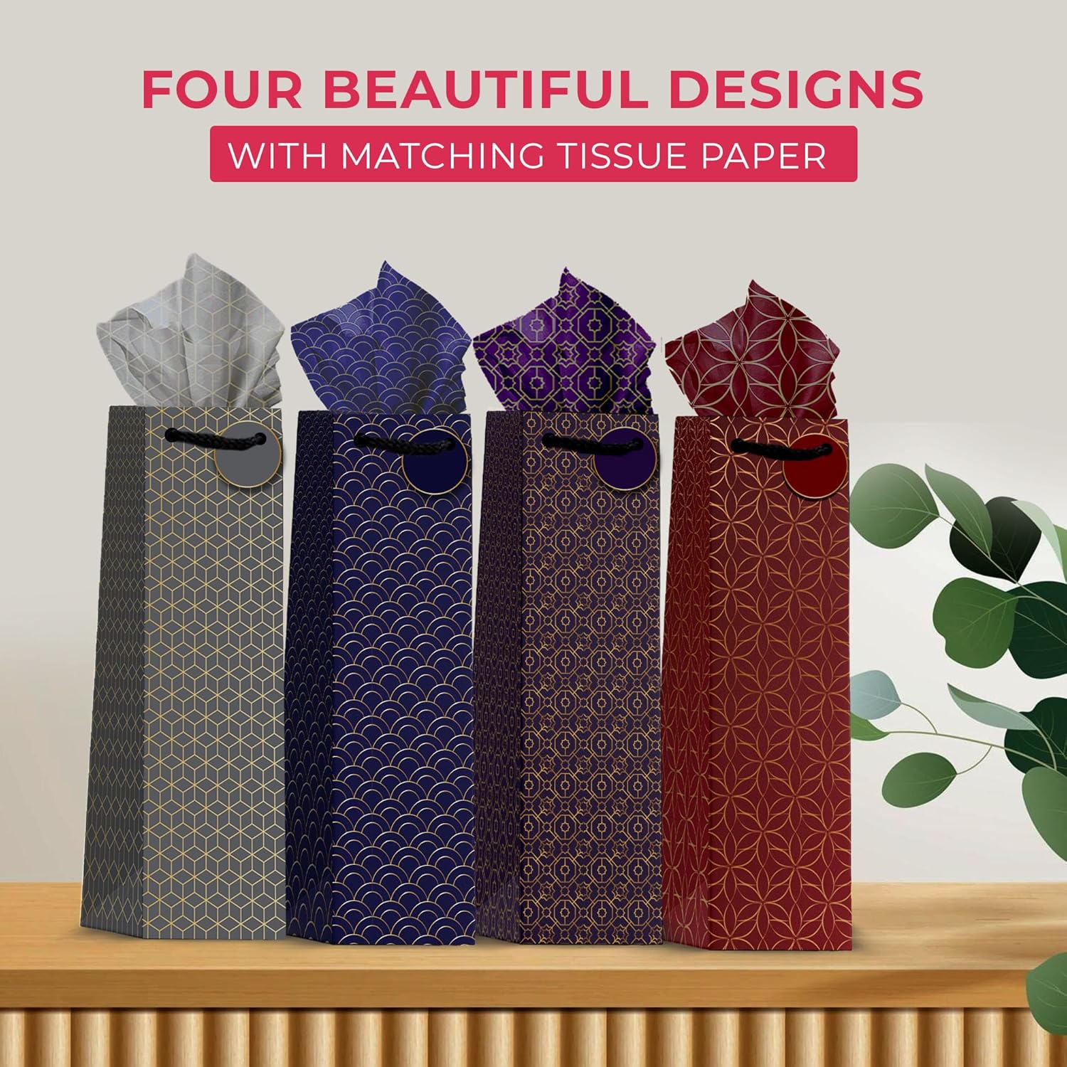[12 Pack] Japanese Geometric Pattern Wine Gift Bags – Vintage Gold Foil Design, Premium Paper Bottle Bags, Perfect for Wine, Champagne & Spirits, Size 14.1" H x 4.7" W x 3.5" D