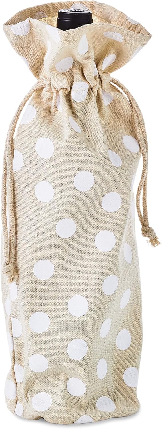 [3 Pack] Fabric Drawstring Wine Bottle Bags – Reusable Canvas Gift Bags with White Polka Dots, Eco-Friendly Pouch for Wine, Champagne & Spirits, Size 13.7" H x 3.2" Diameter