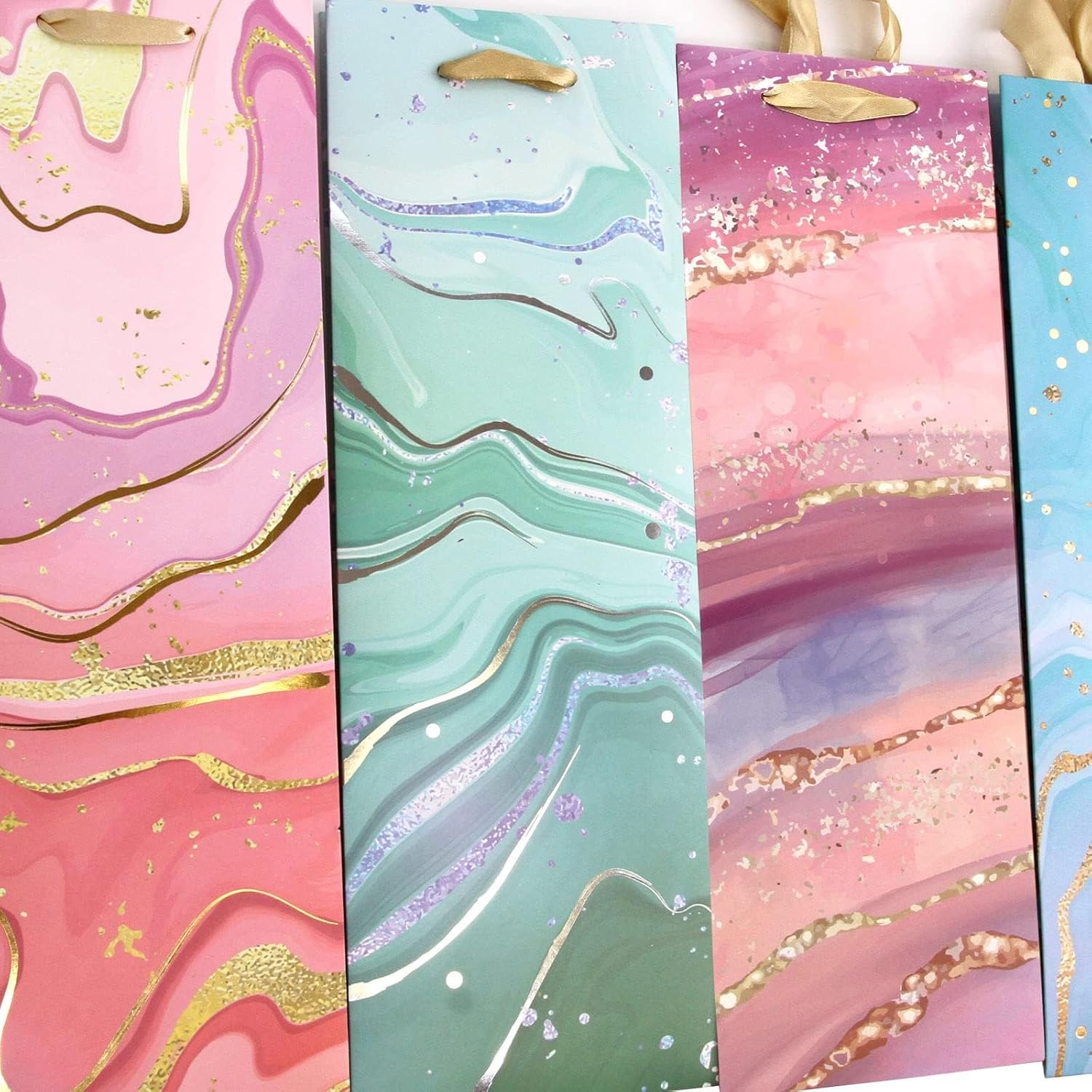 [12 Pack] Marble Wine Gift Bags – Luxury Gold Foil Handled Bags, Assorted Colorful Marble Patterns for Wine, Champagne, Spirits & Bottles (Random Assortment), Size 4" W x 14" H x 4.7" D