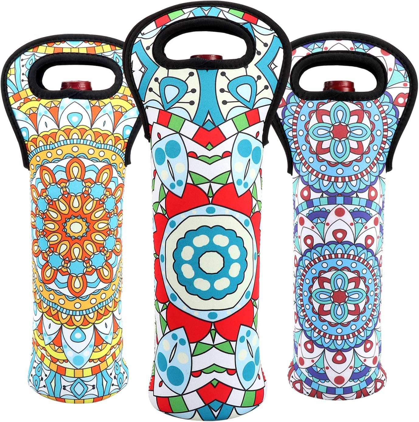 [3 Pack] Neoprene Wine Tote Bags – Colorful Geometric Print Reusable Bottle Carriers, Shockproof & Insulated, Fits Wine, Champagne & Liquor Bottles, Size 4.7" W x 15" H