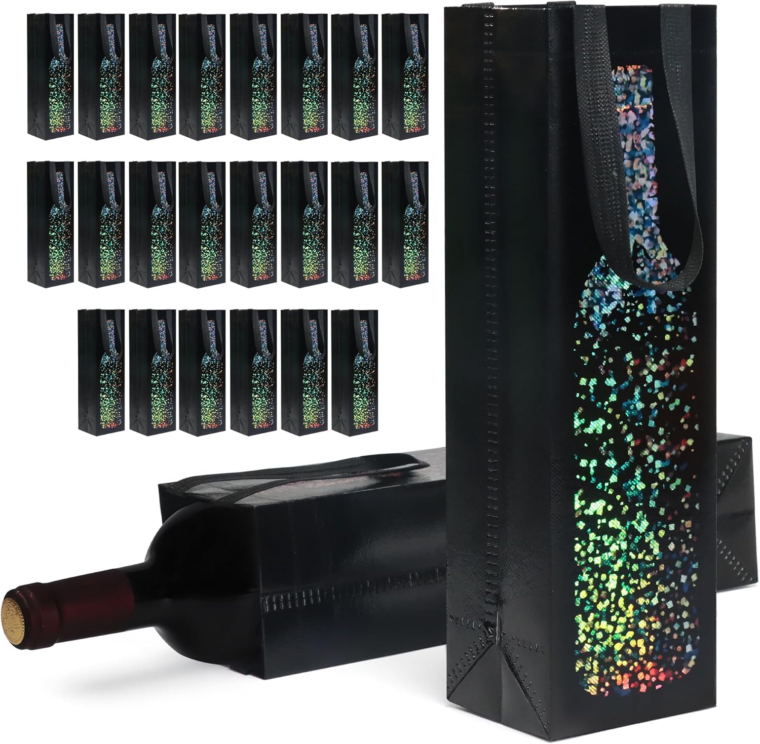 [24 Pack] Black Wine Gift Bags – Premium Kraft Paper Bottle Bags with Colorful Foil Sparkle Design, Sturdy Handles for Wine, Champagne & Liquor Bottles, Size 3.5" W x 3.9" D x 13.6" H