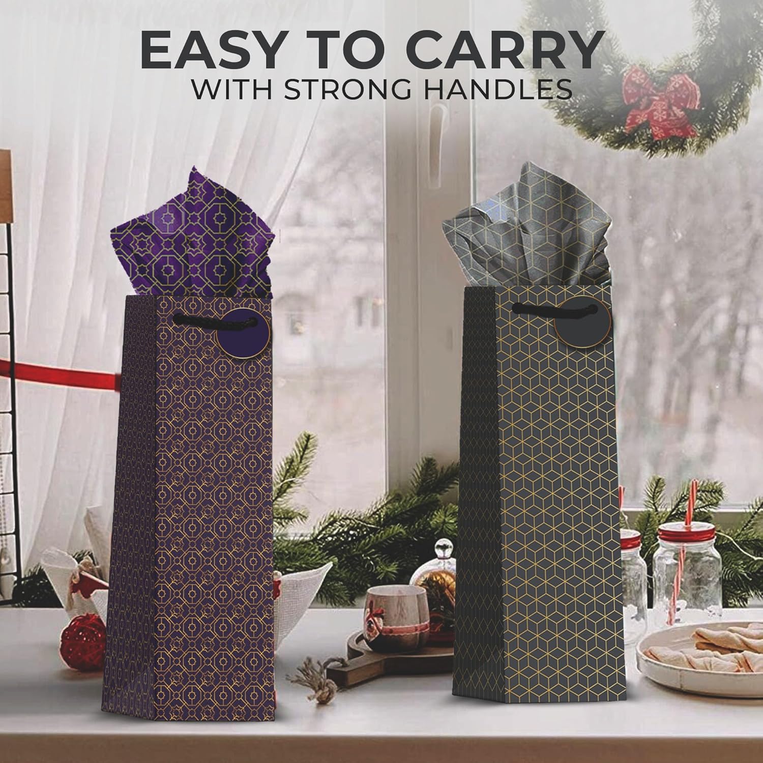 [12 Pack] Japanese Geometric Pattern Wine Gift Bags – Vintage Gold Foil Design, Premium Paper Bottle Bags, Perfect for Wine, Champagne & Spirits, Size 14.1" H x 4.7" W x 3.5" D