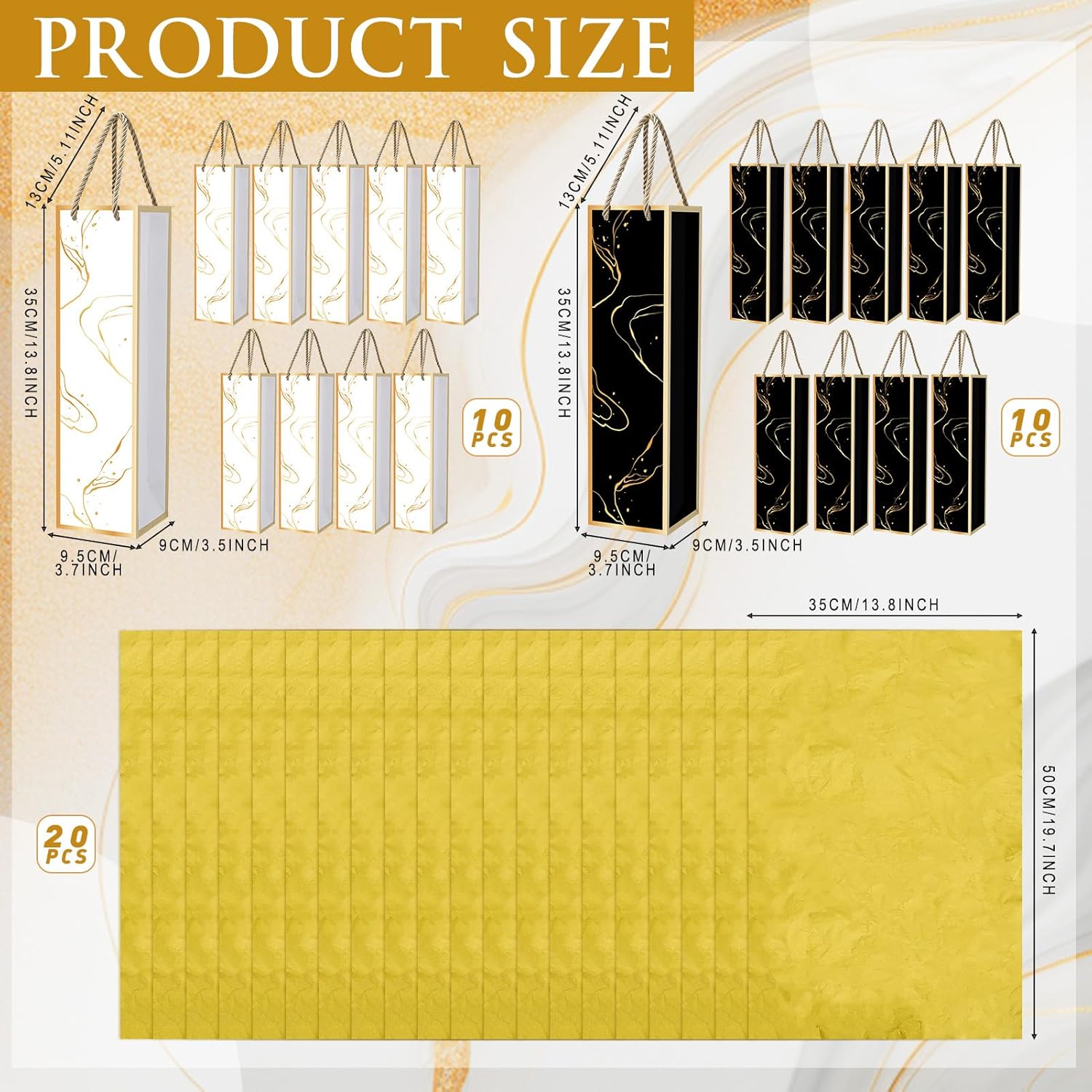 [20 Pack] Black & White Marble Wine Gift Bags with Gold Foil – Includes 20 Gold Tissue Papers, Premium Paper Bottle Bags with Rope Handles, Perfect for Wine, Champagne & Spirits, 13.8" H x 3.5" W x 3.5" D