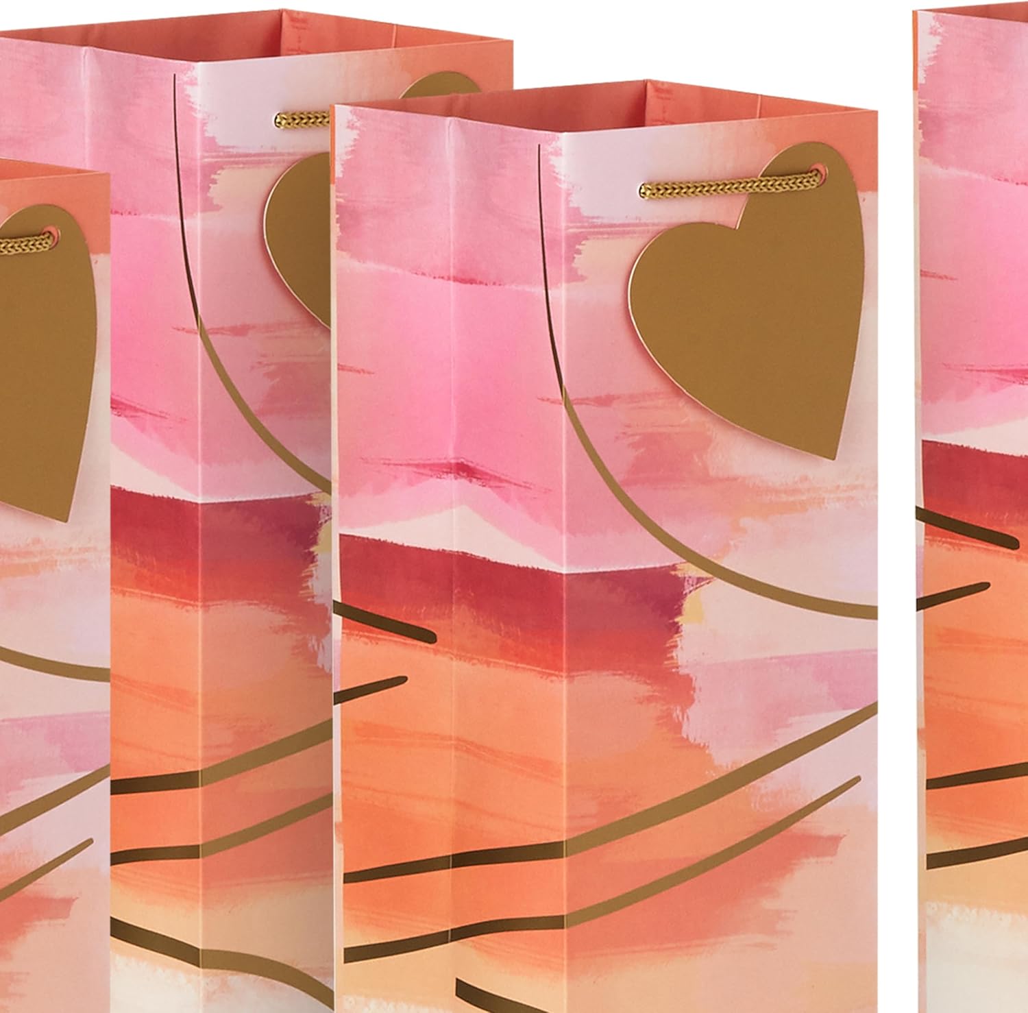 [4 Pack] Heart Gradient Wine Gift Bags – Pink & Orange Paper Bottle Bags with Gold Foil Heart and Rope Handles, Fits Wine, Champagne & Liquor Bottles, 13" H x 4" W x 4" D