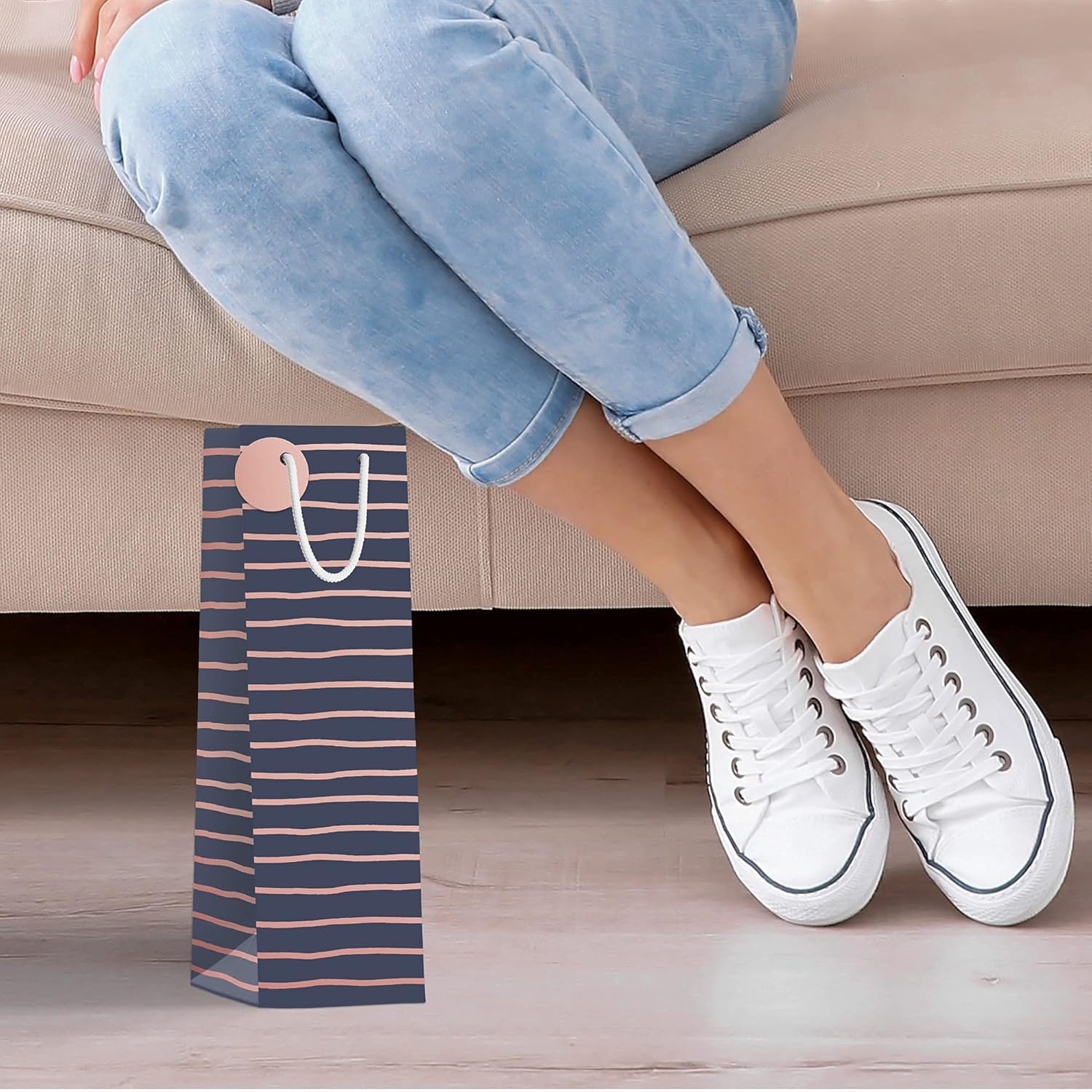 [Set of 6] Geometric Pattern Wine Gift Bags – Sturdy Paper Bottle Bags with Rope Handles & Gift Tags, Perfect for Wine, Champagne & Liquor, Size 3.8" W x 4" D x 13" H