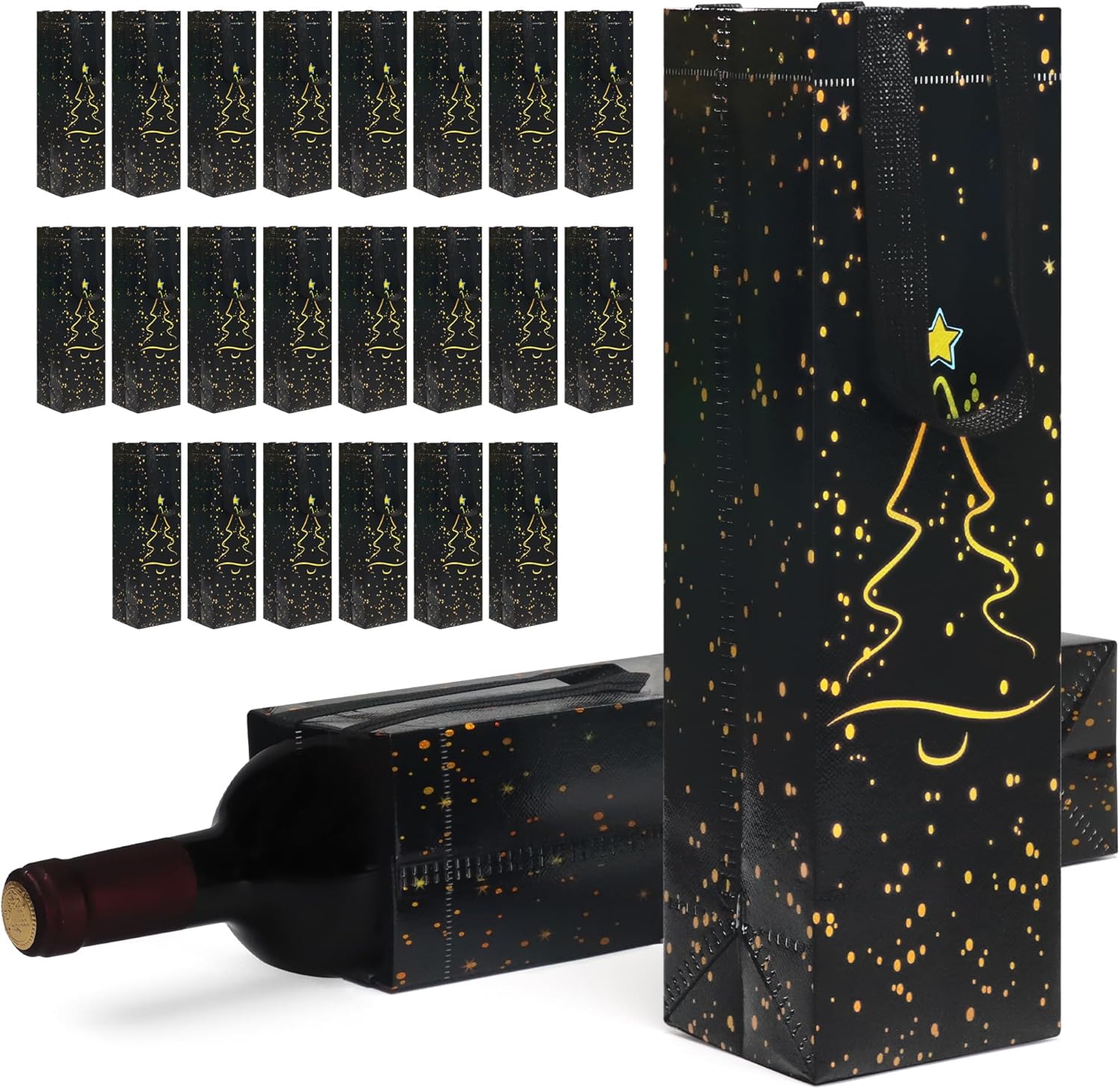 [24 Pack] Christmas Tree Wine Gift Bags – Black & Gold Holiday Bottle Bags with Handles, Eco-Friendly & Durable, Fits Wine, Champagne & Liquor Bottles, 13.6" x 3.9" x 3.5