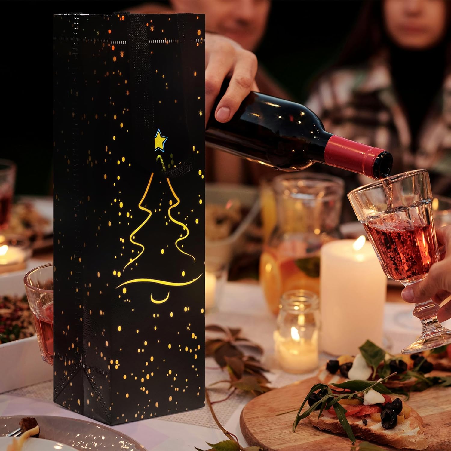 [24 Pack] Christmas Tree Wine Gift Bags – Black & Gold Holiday Bottle Bags with Handles, Eco-Friendly & Durable, Fits Wine, Champagne & Liquor Bottles, 13.6" x 3.9" x 3.5