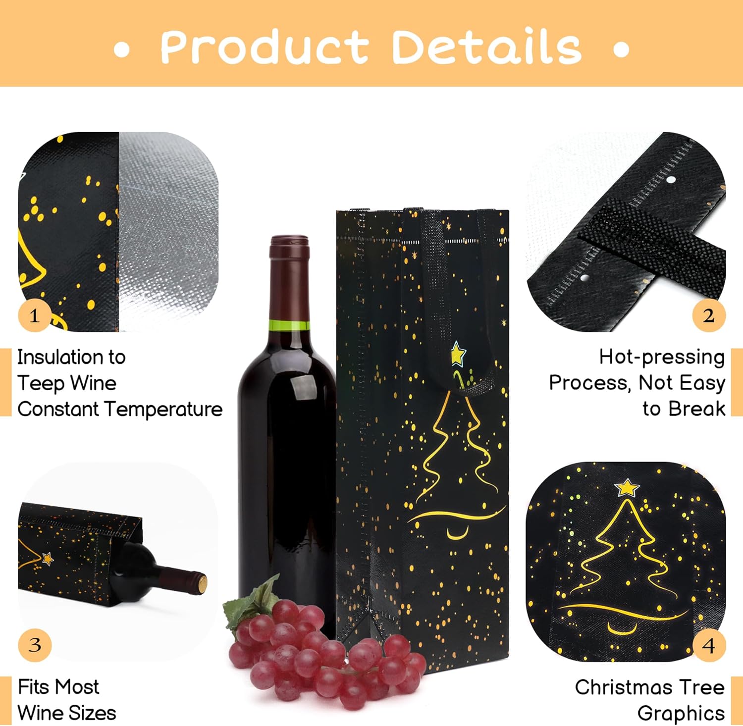 [24 Pack] Christmas Tree Wine Gift Bags – Black & Gold Holiday Bottle Bags with Handles, Eco-Friendly & Durable, Fits Wine, Champagne & Liquor Bottles, 13.6" x 3.9" x 3.5