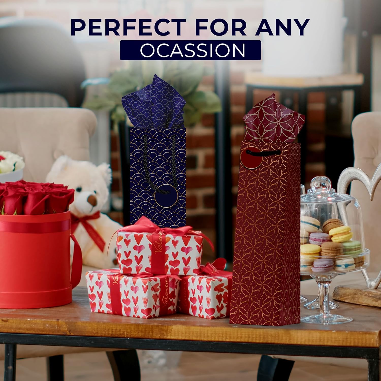 [12 Pack] Japanese Geometric Pattern Wine Gift Bags – Vintage Gold Foil Design, Premium Paper Bottle Bags, Perfect for Wine, Champagne & Spirits, Size 14.1" H x 4.7" W x 3.5" D