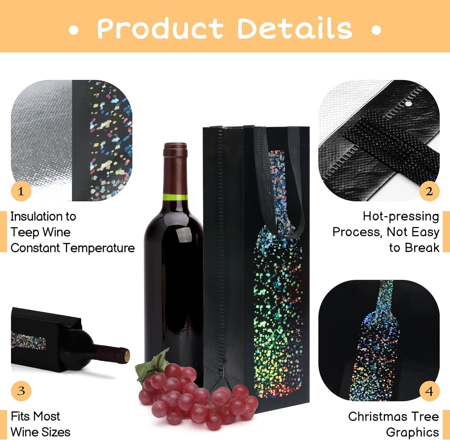 [24 Pack] Black Wine Gift Bags – Premium Kraft Paper Bottle Bags with Colorful Foil Sparkle Design, Sturdy Handles for Wine, Champagne & Liquor Bottles, Size 3.5" W x 3.9" D x 13.6" H