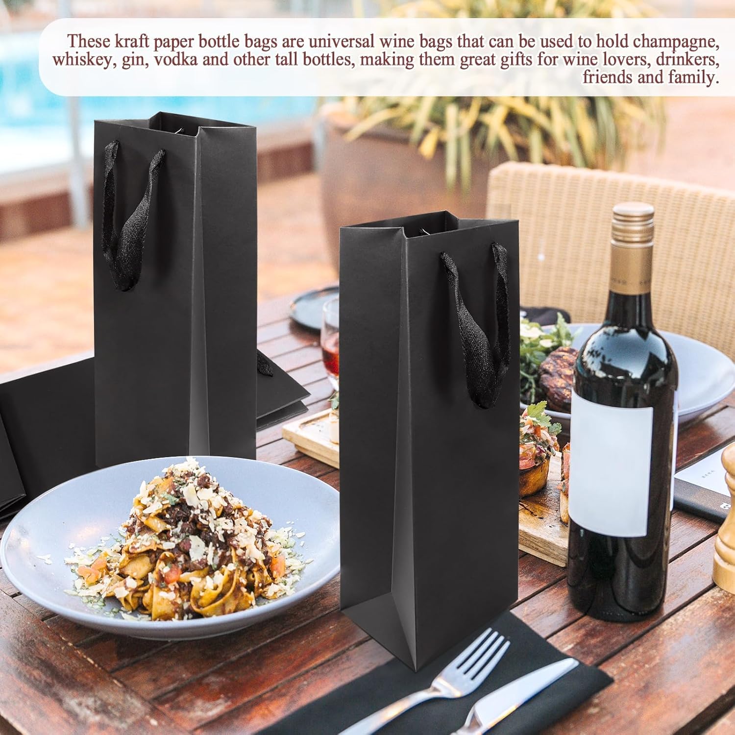 [20 Pack] Black Wine Gift Bags – Premium Thickened Kraft Paper Bottle Bags with Sturdy Handles, Perfect for Wine, Champagne & Liquor Bottles, Size 3.5" W x 4.3" D x 13.8" H