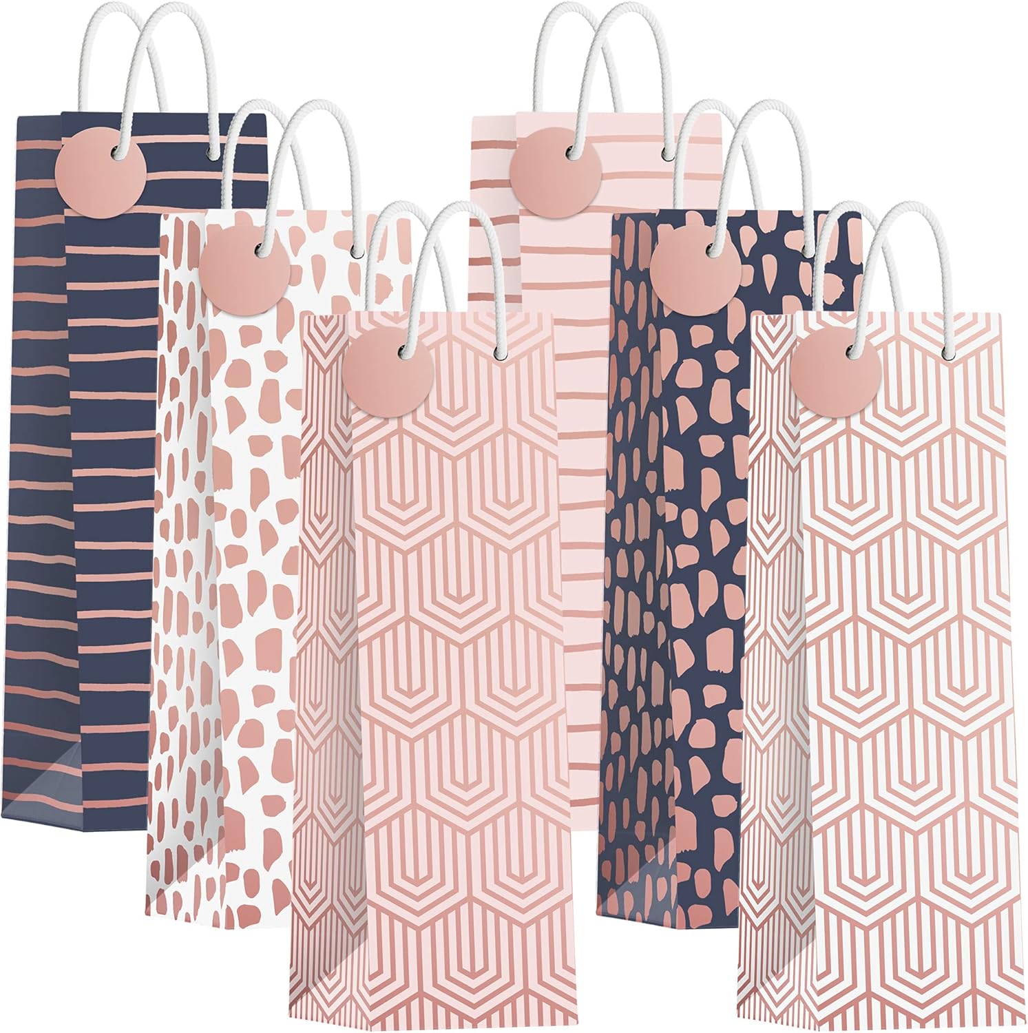 [Set of 6] Geometric Pattern Wine Gift Bags – Sturdy Paper Bottle Bags with Rope Handles & Gift Tags, Perfect for Wine, Champagne & Liquor, Size 3.8" W x 4" D x 13" H